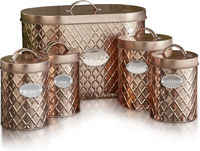 5PC Kitchen Food Storage Set Bread Bin, Biscuit Tin and Tea, Coffee & Sugar Canister Set, Vintage Classic Inspired Metal Storage Set BY Crystals® (Copper)