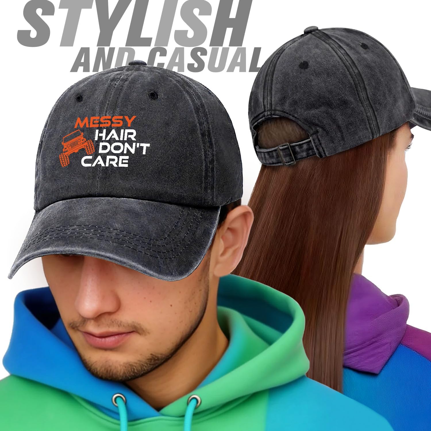 Messy Hair Don't Care Funny Retro Washed Cotton Baseball Cap, Adjustable Lightweight and Breathable Unisex Outdoor Sport Sun Hat, Gifts for Travelers Camper Lover Hunting Dad Mom Friend Coworker - Image 4