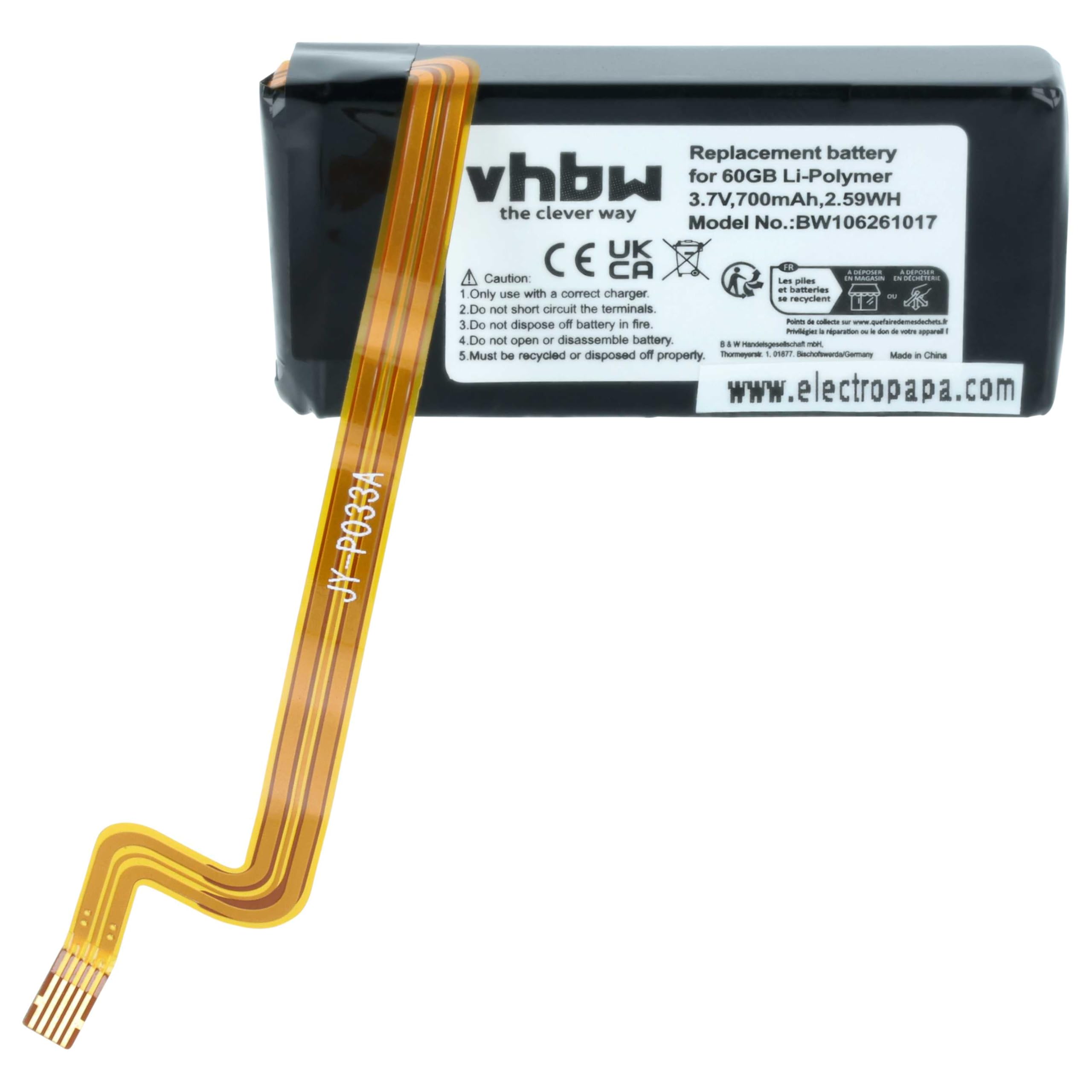 vhbw Bateria kompatybilna z Apple Ipod Classic 160 GB, 120 GB odtwarzacz MP3 (700 mAh, 3,7 V, litowo-polimerowy)