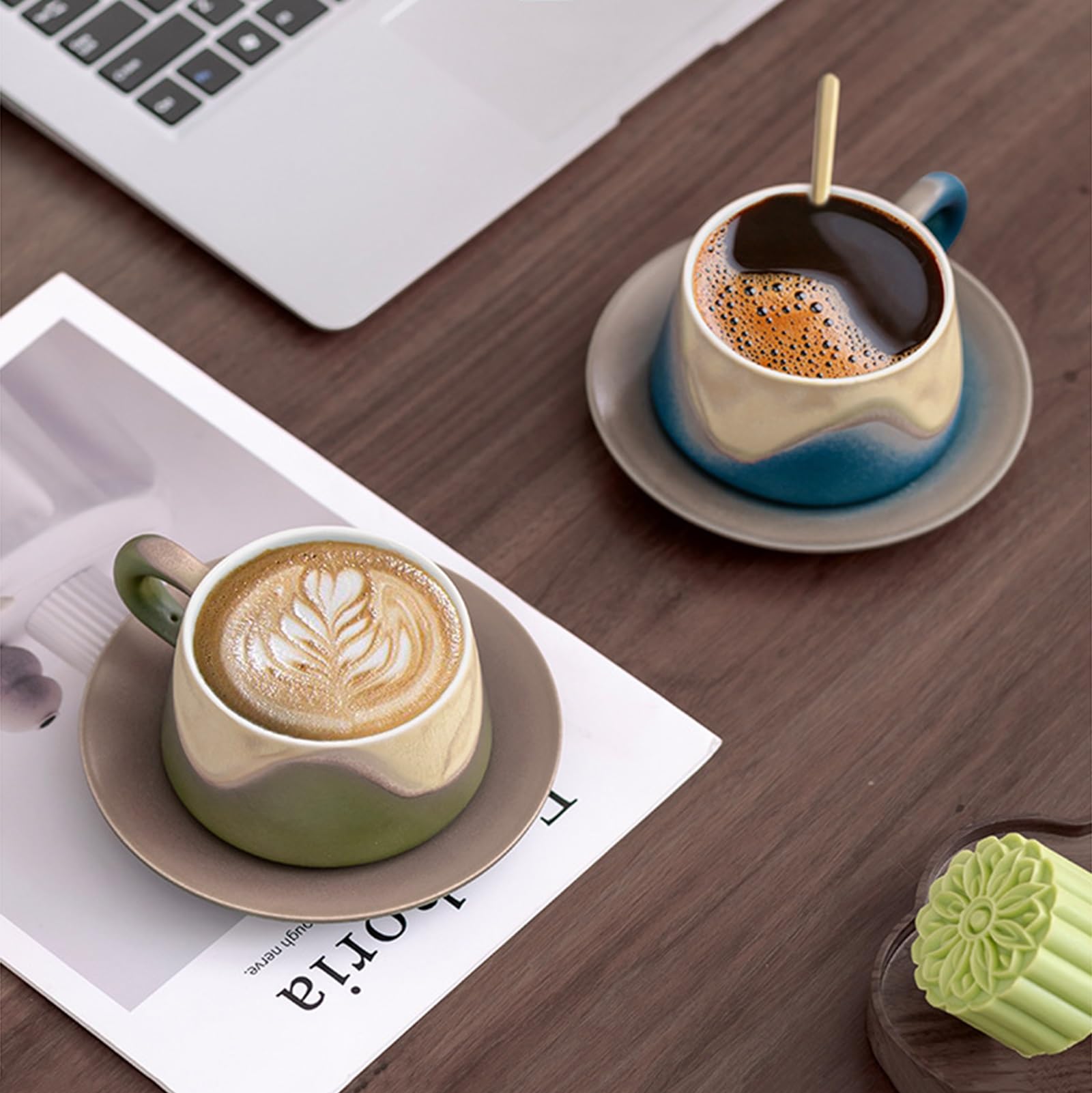 Ceramiczny kubek do espresso i spodek, z pasującym spodkiem i złotą łyżką, ceramiczny kubek na wodę, kubek do herbaty 237 ml (pomarańczowy)