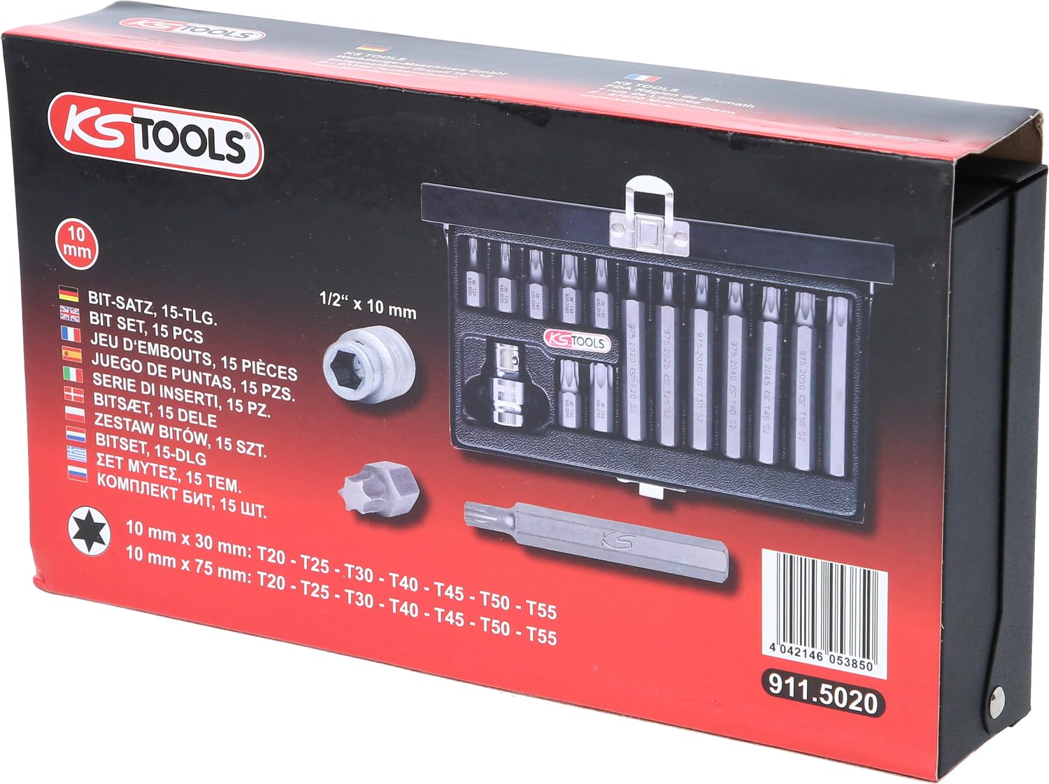 KS Tools 911.5020 Coffret de 15 Embout de vissages TORX 1/2'', T20 à T55 | Coffret de 15 embouts de vissage TORX® 1/2'', T20 à T55, outillage professionnel, chrome vanadium