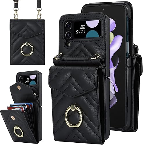 Asuwish Funda para teléfono Samsung Galaxy Z Flip 3 5G 2021 con anillo de bloqueo RFID, correa cruzada para muñeca, soporte para tarjeta de crédito,