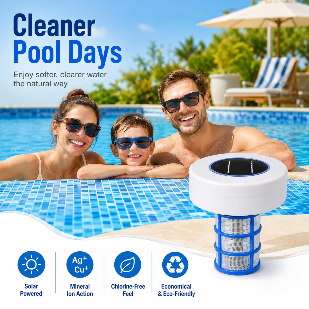 Ionizador solar para piscina, purificador de iones de cobre y plata con luces RGB | Diseño de energía solar para piscinas sobre el suelo, spas, jacuzzis, estanques y fuentes; incluye dos juegos de accesorios