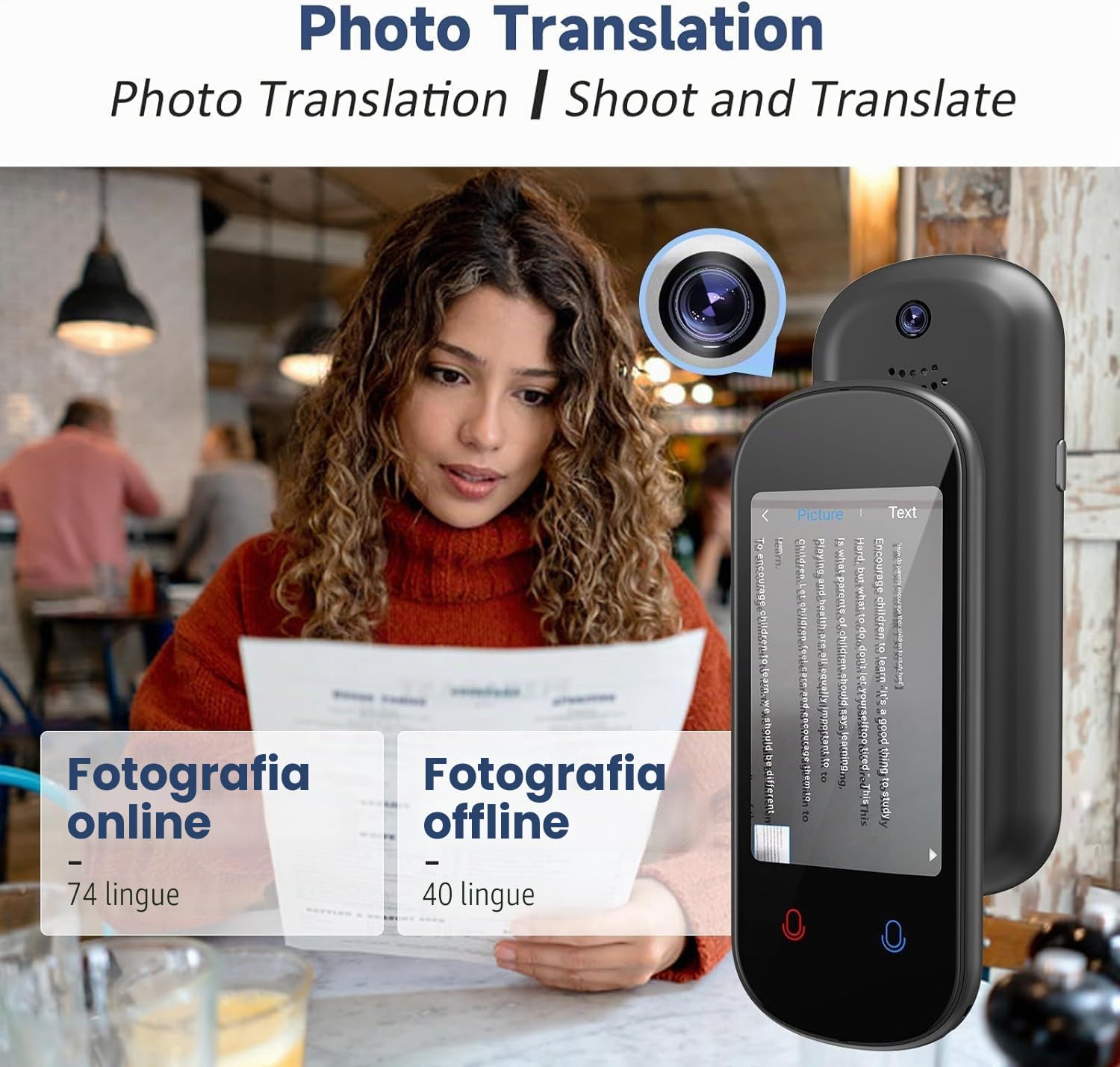 Dispositivo traduttore linguistico, supporto per traduttore vocale offline, registrazione e traduzione di foto, traduttore istantaneo bidirezionale in tempo reale ad alta precisione, 150+ lingue, per