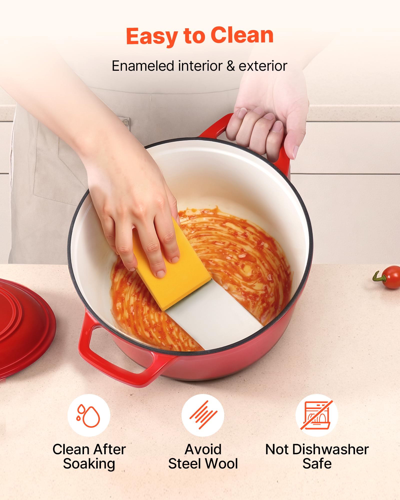 VEVOR Holenderski piec z żeliwa emaliowanego 5,68 l, do pieczenia chleba na zakwasie, z pokrywką i 2 uchwytami, do 260°C, garnek do gotowania i smażenia, 4-6 osób, 350 x 270 x 190 mm, czerwony