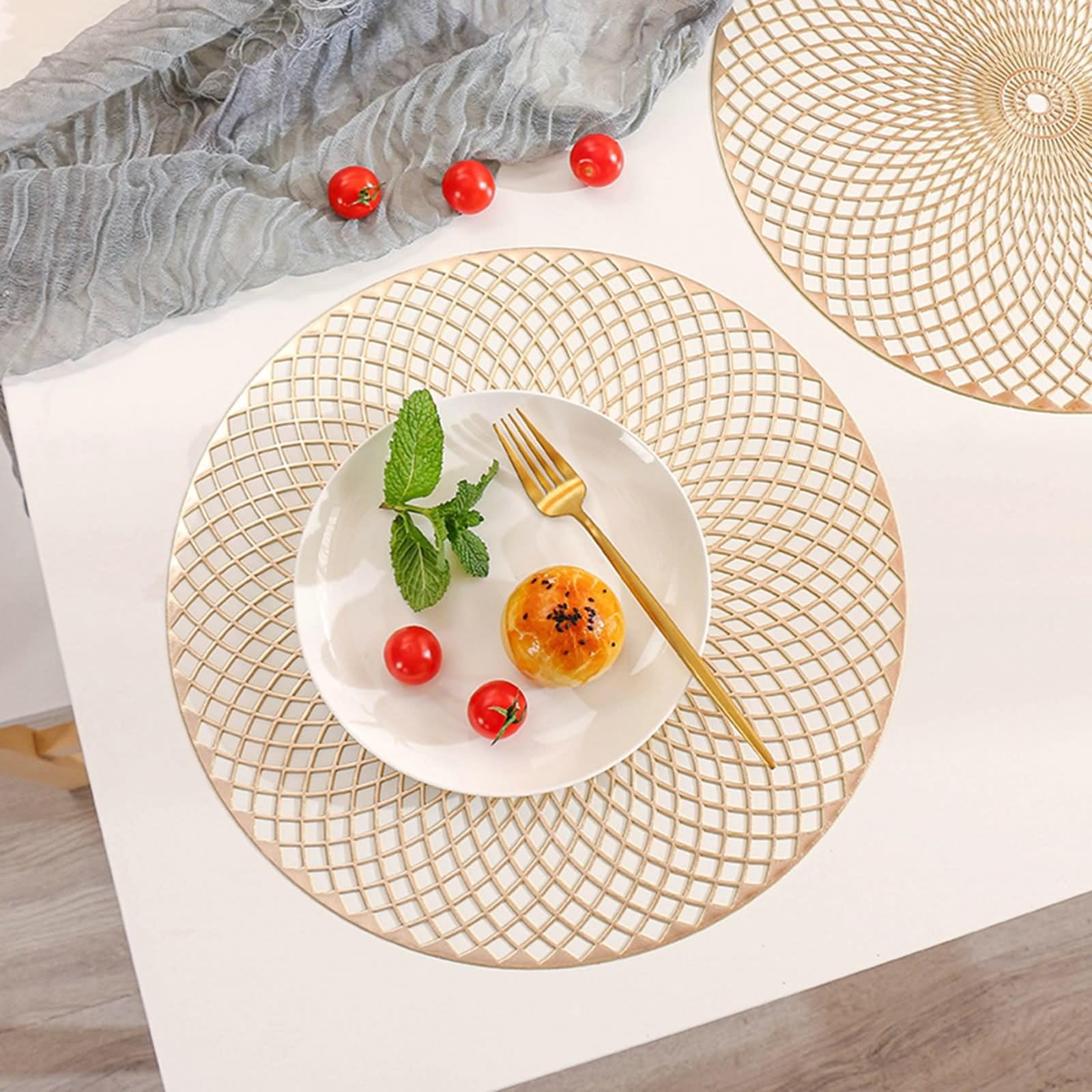 Set di 6 tovagliette vintage da bistrot, 38 cm, Placemats for Dining Table Gold rotondo, motivo floreale in PVC
