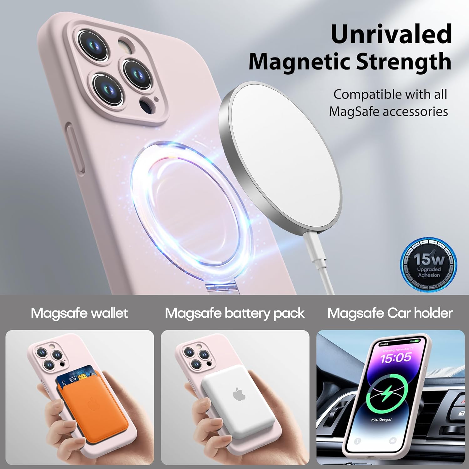 CellEver Strong Magnetic Case for iPhone 14 Pro Max [for MagSafe Charging] [Camera Protection] Heavy-Duty Protection, Soft Grip Silicone Cover with Kickstand, Chalk Pink - Image 3