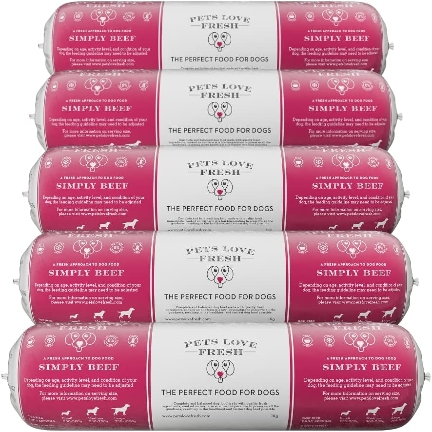 Healthy & Tasty Fresh Dog Food by Pets Love Fresh - 100% Natural - Real British Meat - Zero Preservatives - Simply Beef (5 x 1kg chub rolls)