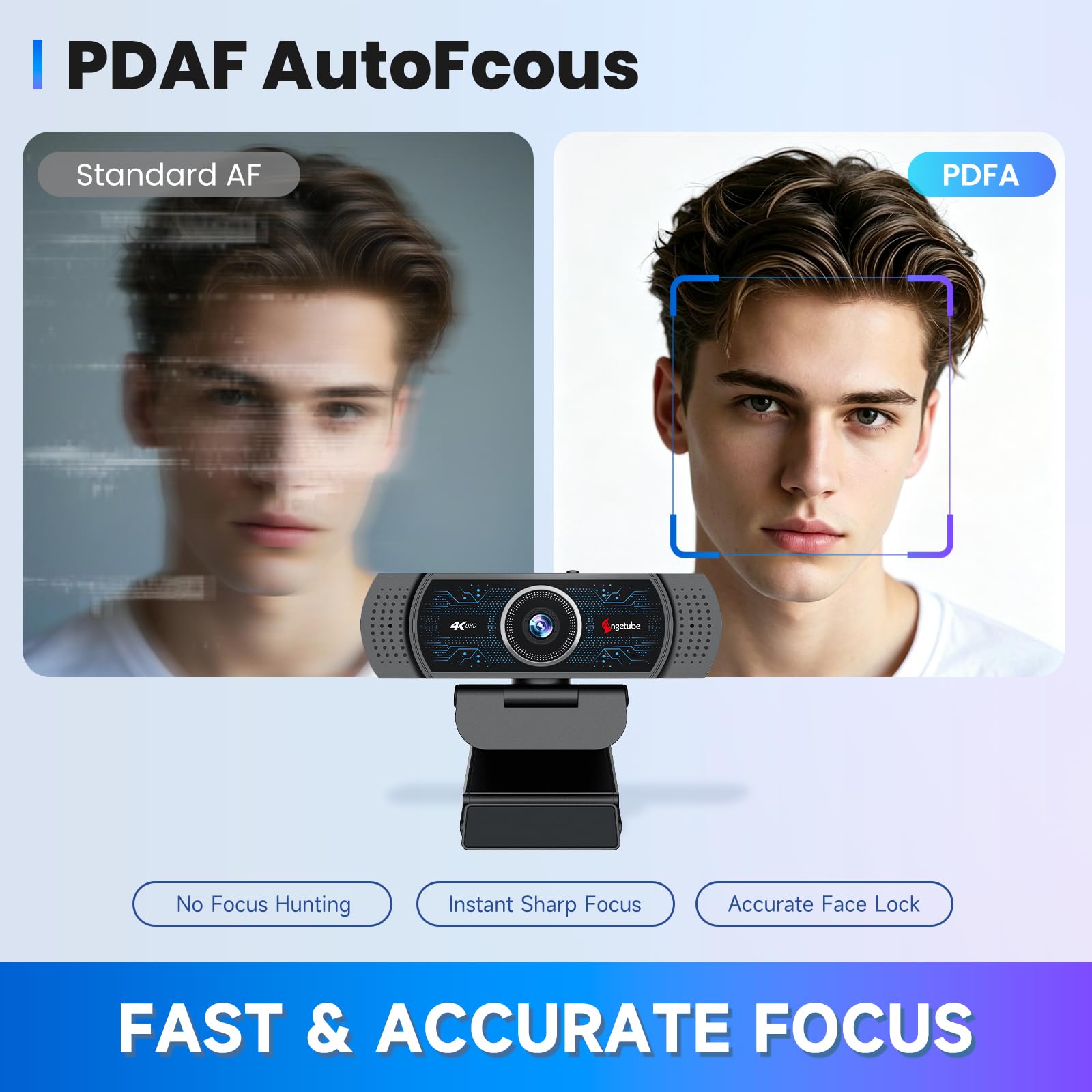 Angetube Webcam 4K pour PC, Web Caméra avec 2 Microphones, PDAF Automatique