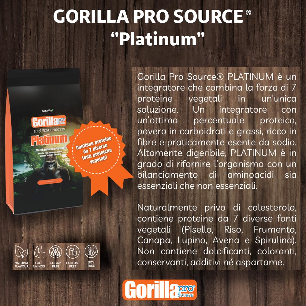 Naturveg® GORILLA PRO Platinum - Proteine Vegane in Polvere 1 Kg- Con proteine vegetali di Piselli, Riso, frumento, Avena, Canapa, Lupino, Spirulina (1Kg, Vaniglia)