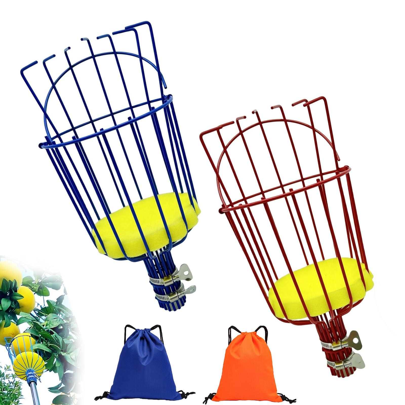 Telescopic Fruit Picker 3.2m Pole Kit,2 Baskets & Foam Cushion,Fruit Picker Tool for Gentle Harvest,Apple PickerHigh-Reach Orchard Harvest for Pears,Oranges,Plums,Portable Lightweight Pole Kit