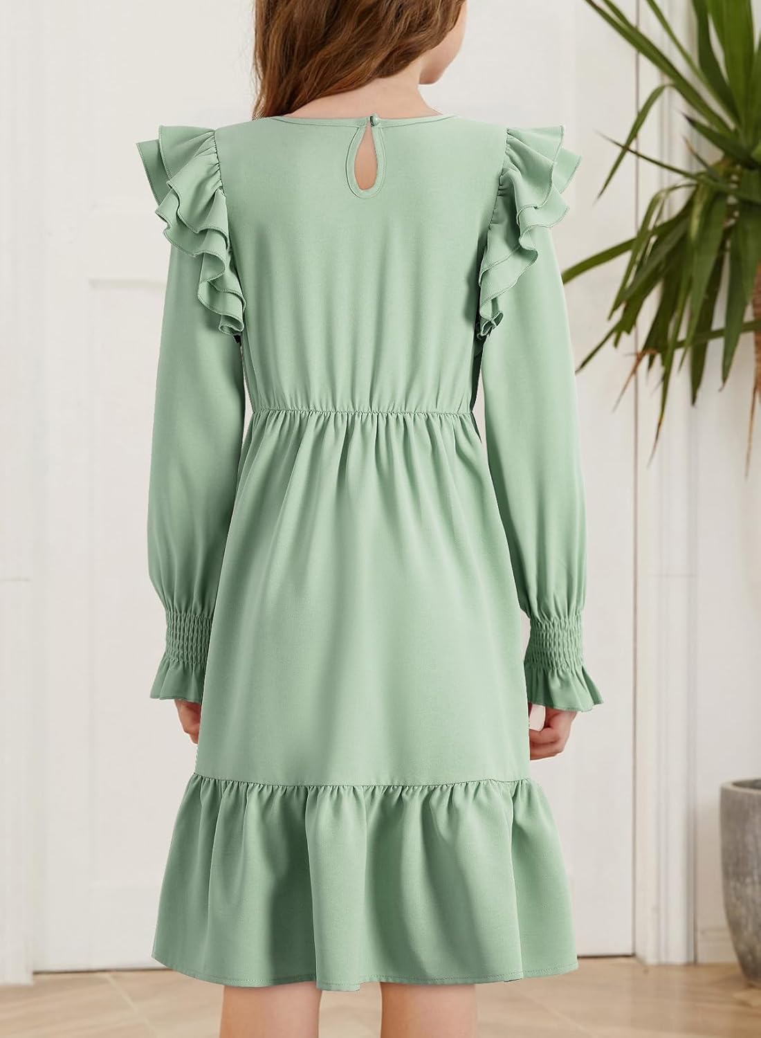 blibean Teen Girls Dress Kids Double Ruffle Long Sleeve Smocked Dresses Size 6-15 Years - Image 2