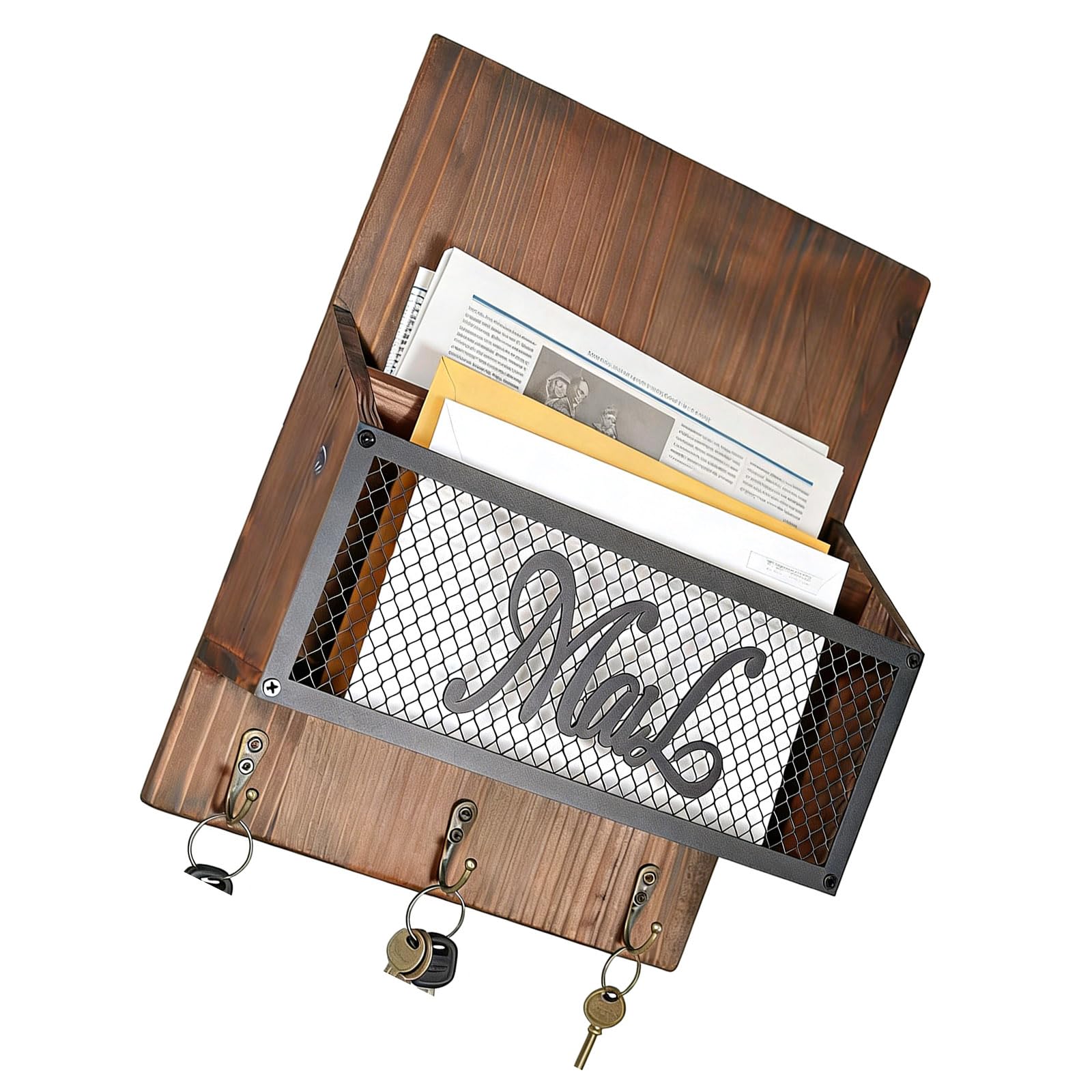 Kaeltsyn Rustics Wall Mounted Mail Organiser with Hook and Slot for Keys Letters and Small Items Wood Storage Rack Rural Wooden Mail Holder