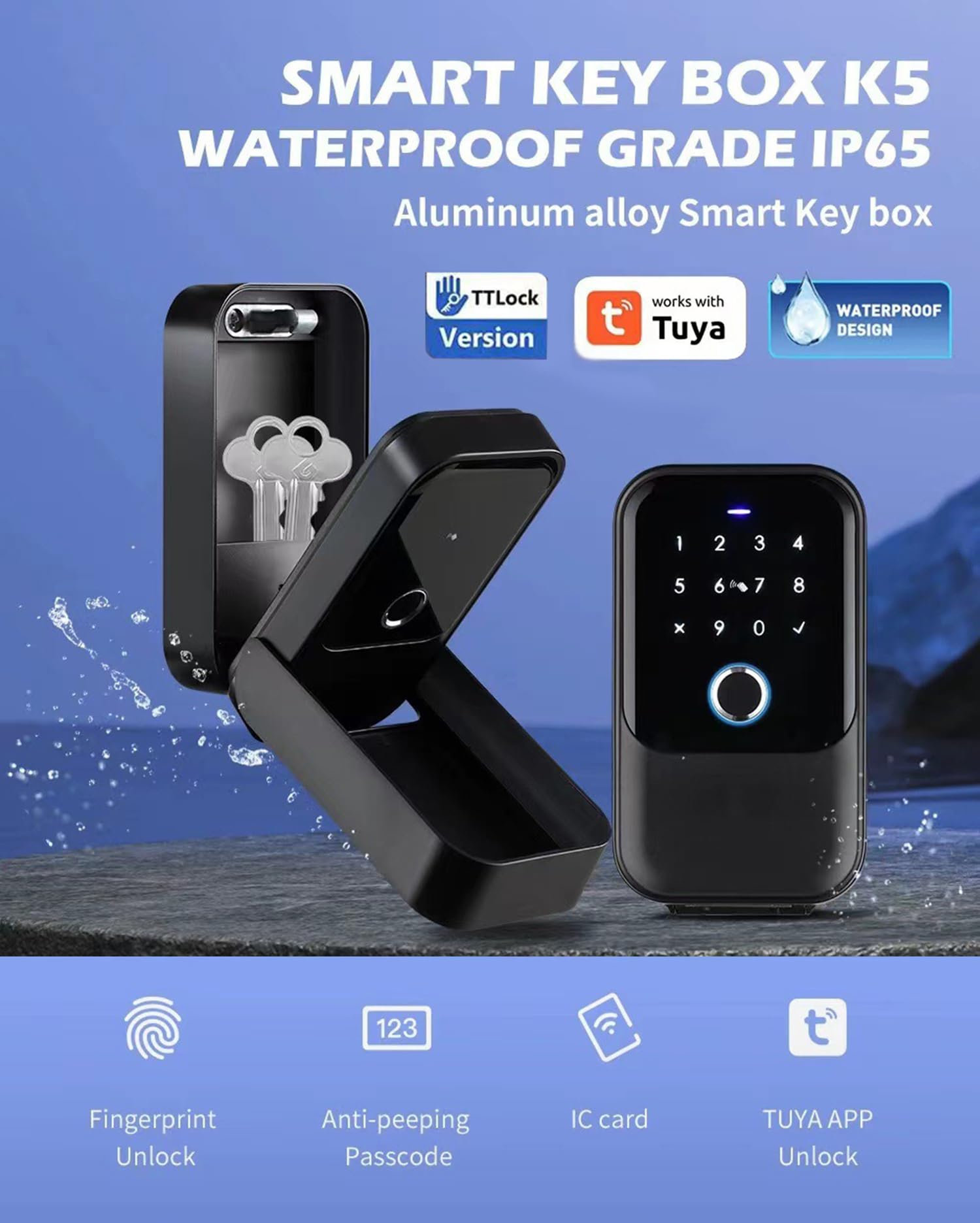 Intelligenter wasserdichter Schlüsselsafe unterstützt Tuya/Ttlock Bluetooth-Fingerabdruck-Schlüsselbox App-Fernzugriff für Wohnungsmakler Büro Haustürgriff und Wand,Tuya app
