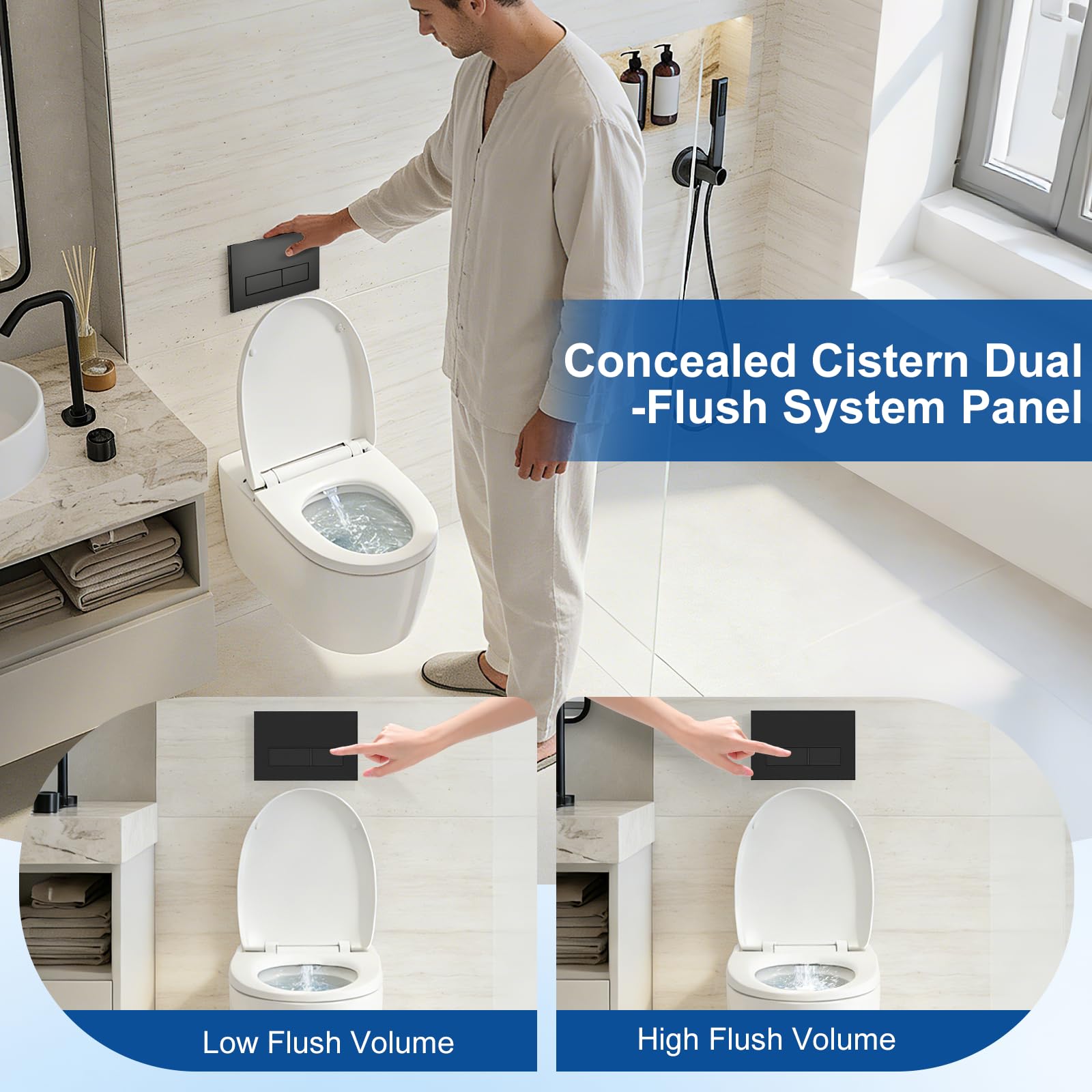 Pulsante WC, Compatibile con Geberit, Piastra a Doppio Scarico, Pulsante di Scarico, UP300, UP320, UP100, UP120, Ricambio, Set Leva di Scarico, Telaio di Montaggio, Nero Opaco, 246x162 mm