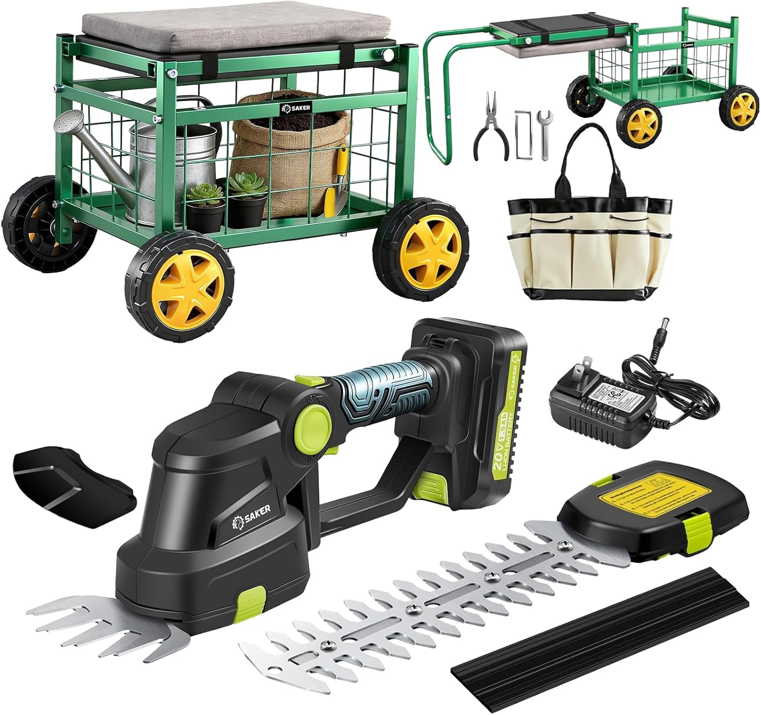 Saker Garden Cart and Cordless Hedge Trimmer