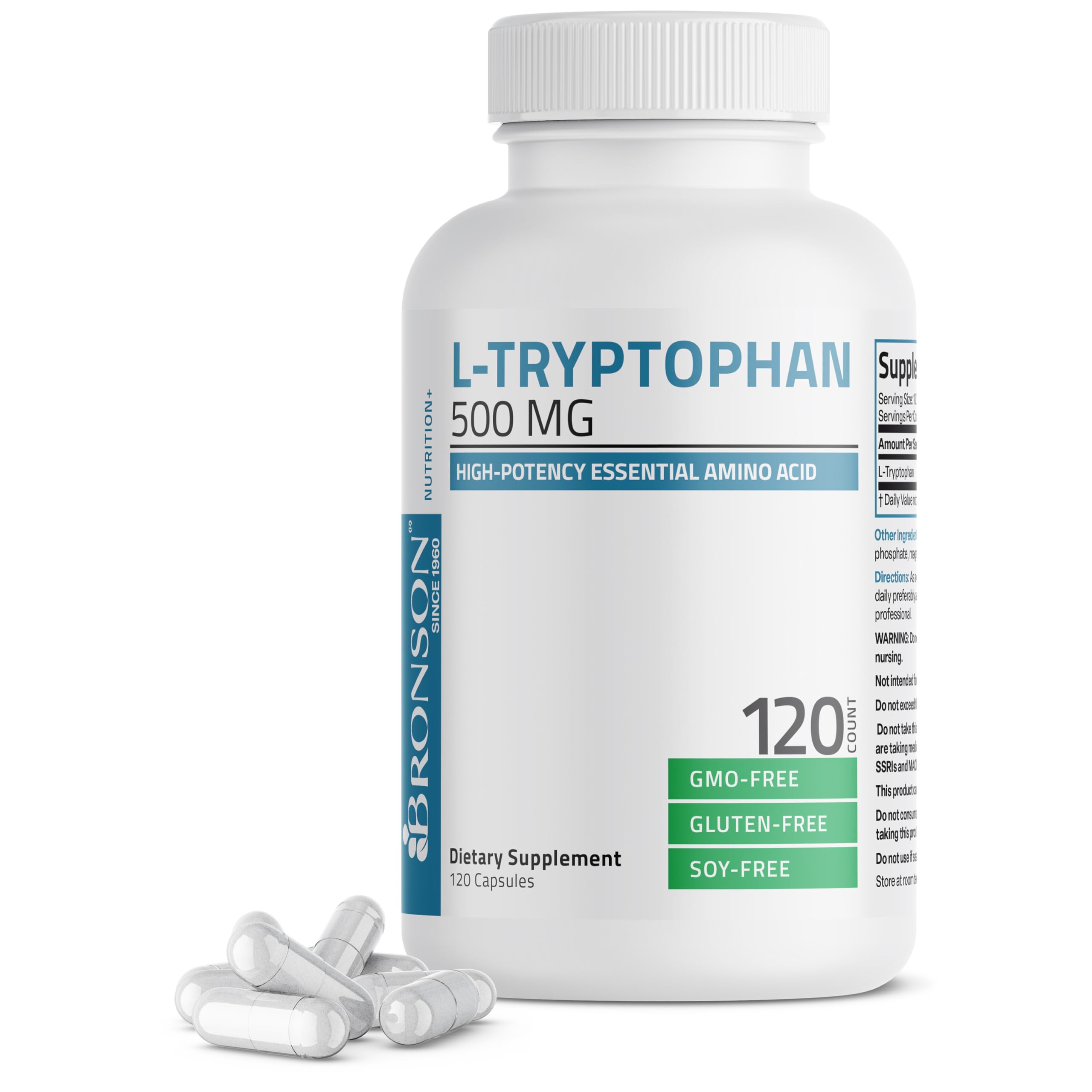 Bronson L-Tryptophan 500 MG High Potency Essential Amino Acid Supports Relaxation & Positive Mood Support Non-GMO, 120 Capsules 120 Count (Pack of 1)