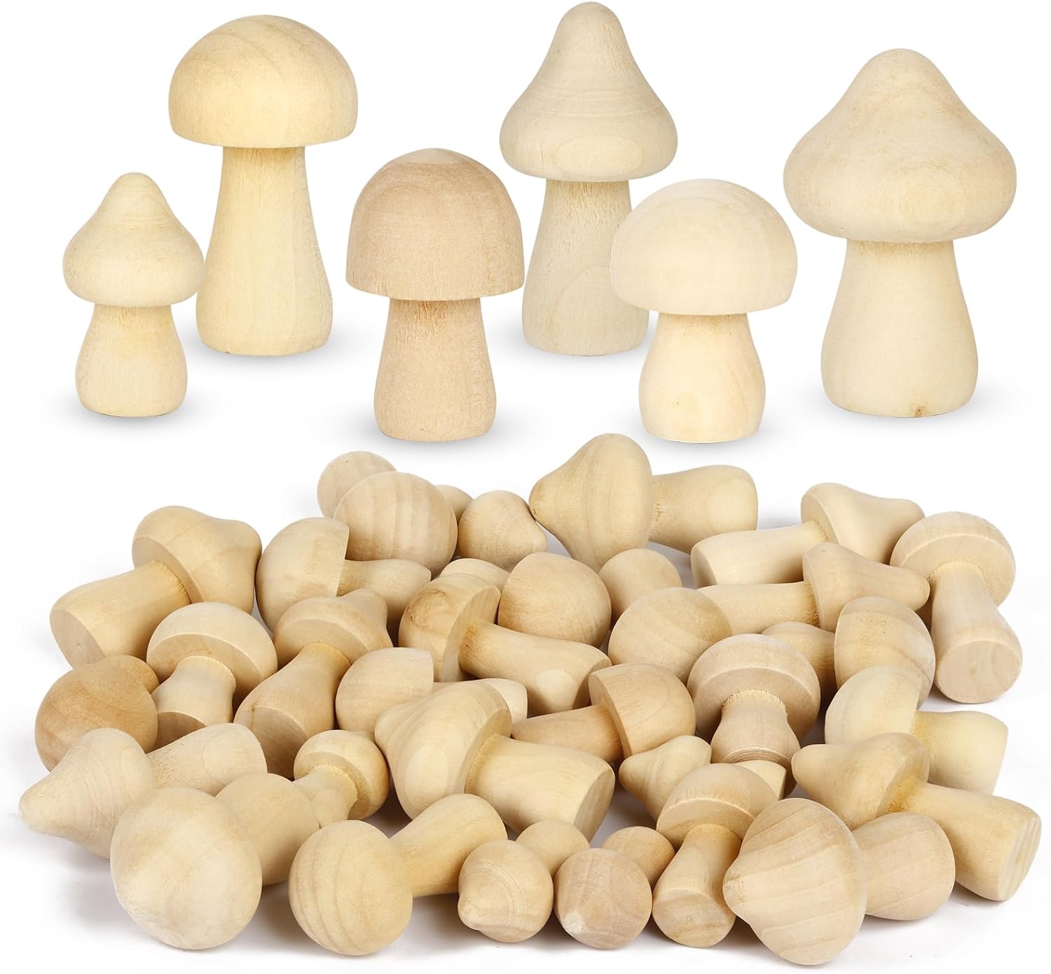 60PCS Unfinished Wooden Mushroom, 6 Sizes of Natural Mini Wood Mushrooms for Arts and Crafts Projects Decoration, DIY Paint Color