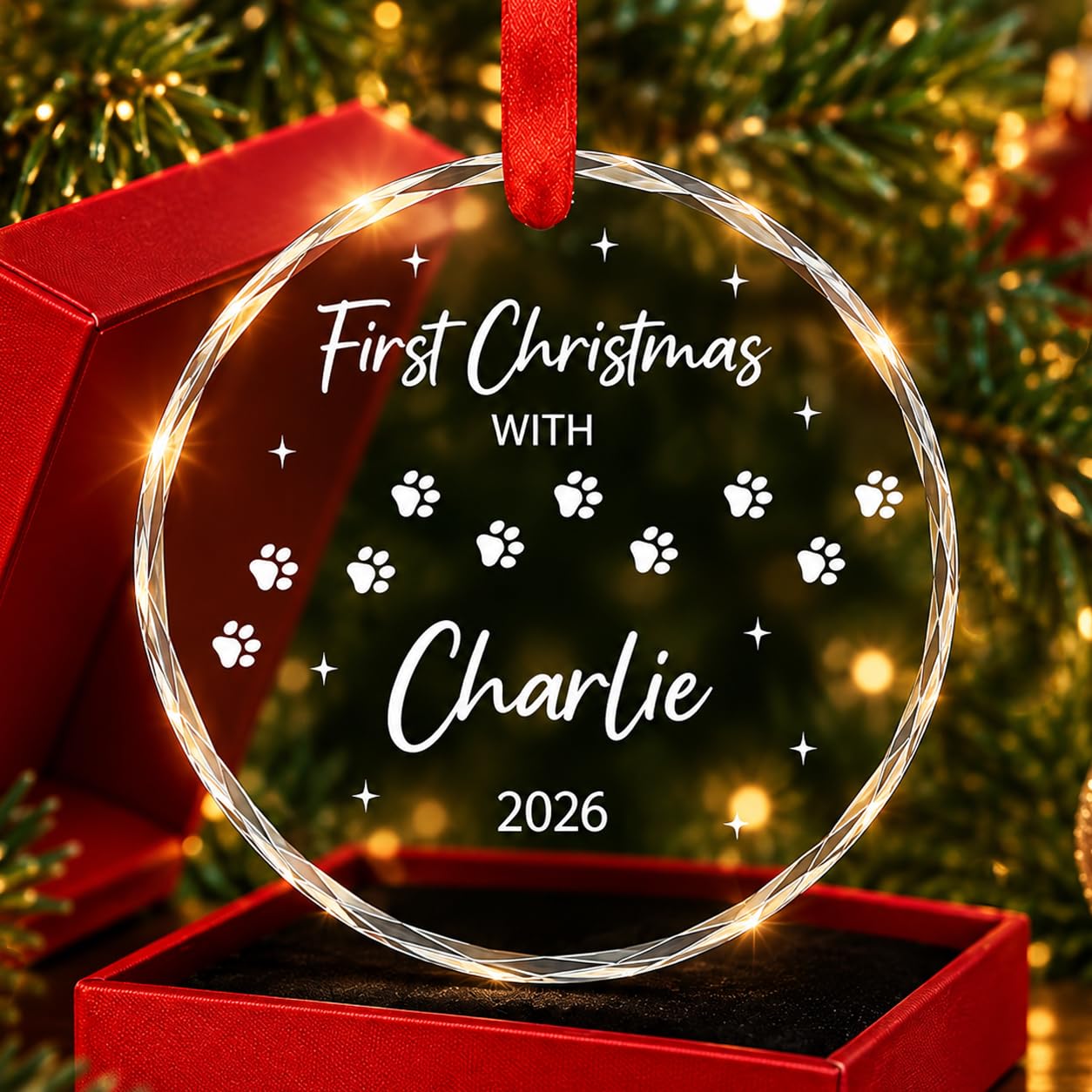 Personalized Pet's First Christmas Crystal Ornament - Dog Cat 1st Xmas, Puppy 1st Annual with Paw Ornament, Dogs Foot Print, Fur Mom, New Pet Owner, Dogs Lover Decorations Gifts