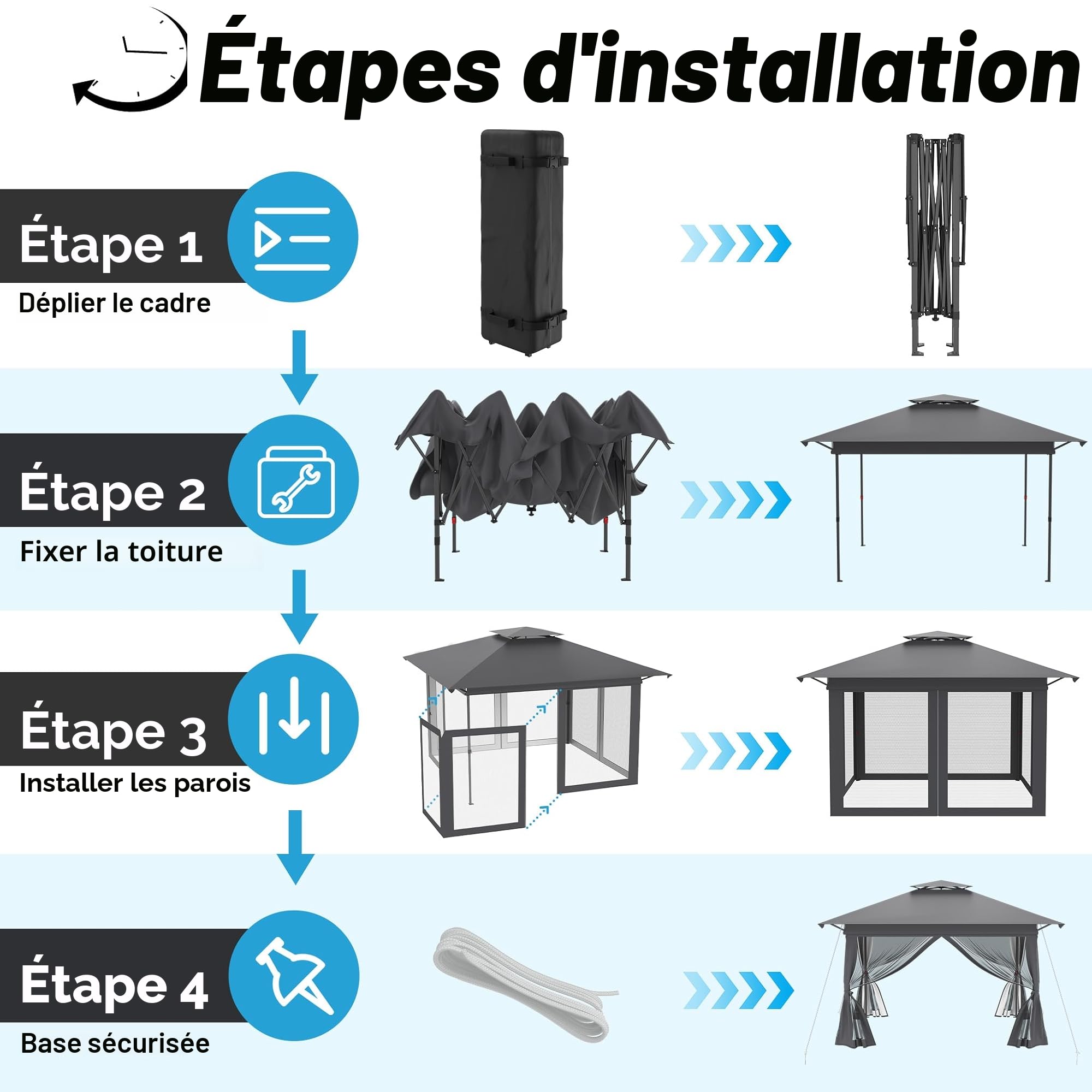Tonnelle de jardin Pop Up 4 x 4 m, imperméable, protection UV, stable, pliable, en 3 niveaux, hauteur réglable, avec 4 panneaux latéraux moustiquaires, double toit, avec sac de transport, anthracite
