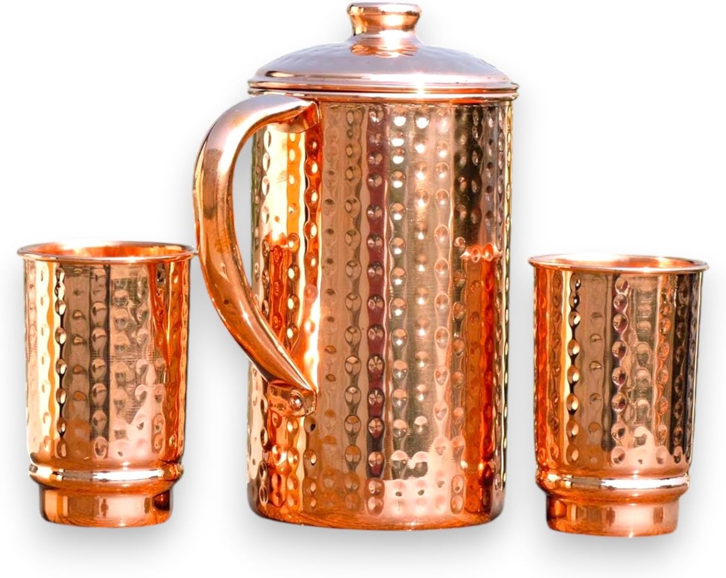 Brocca d'acqua in puro rame, brocca in rame con coperchio per acqua potabile, tradizionale ayurvedico Tamra Jal per acqua potabile, capacità 1,5 l, brocca in rame martellato + 2 tazze)