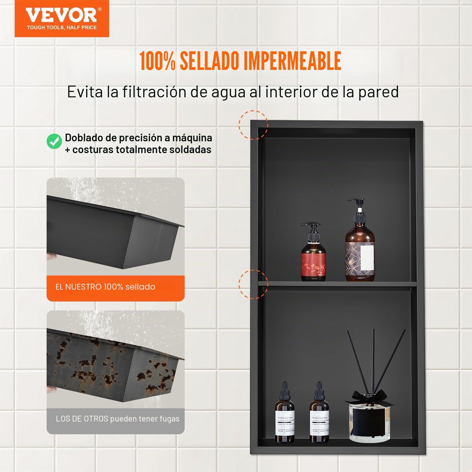 VEVOR Nicho Empotrable para Baño 33,02x63,5 cm Nicho de Ducha Montado en Pared Estante Doble Acero Inoxidable 304 Sellado Impermeable Fácil de Limpiar para Ducha Almacenamiento de Jabón Baño, Negro