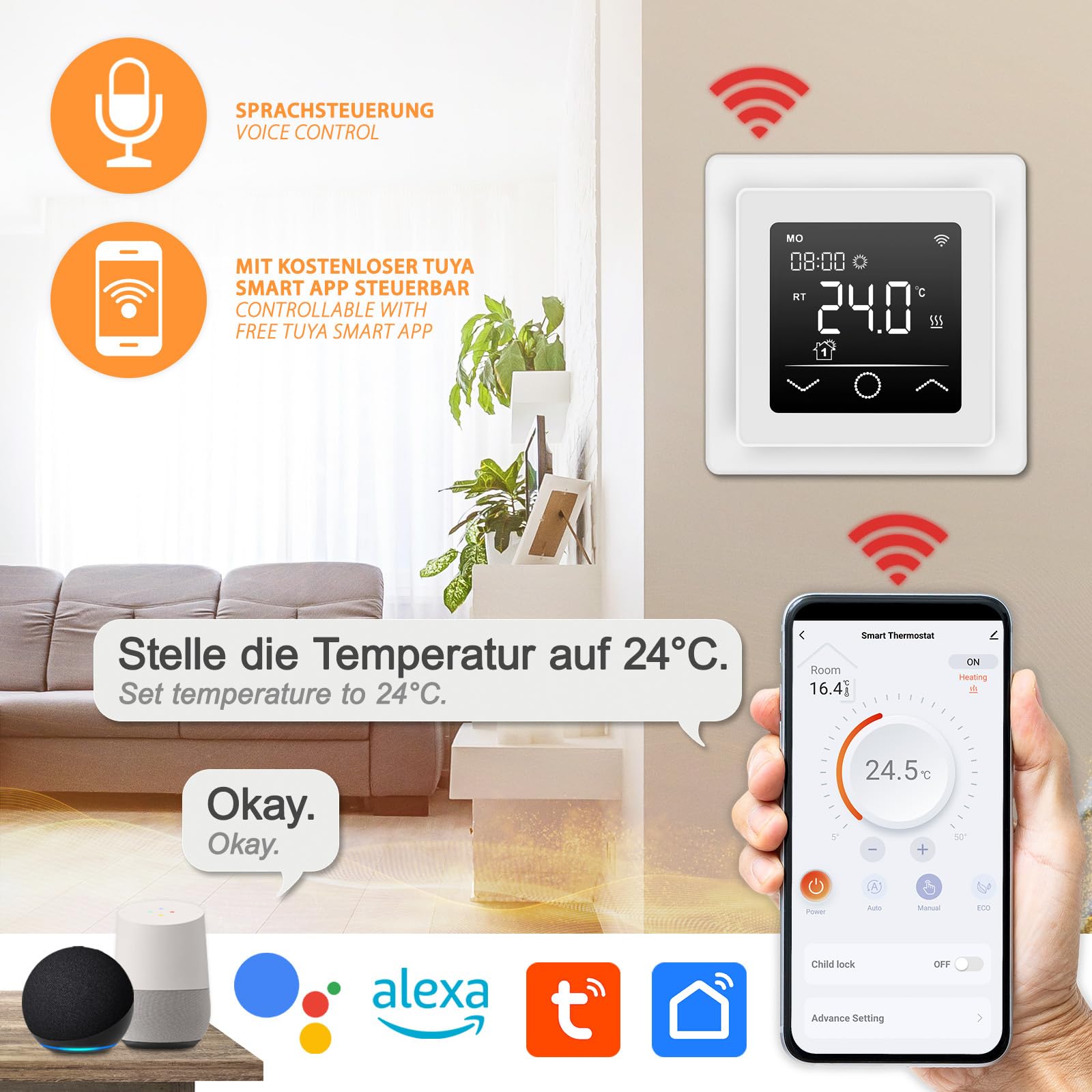 Mi-Heat Mi-750 Raumthermostat WLAN weiß - Tuya Smart App Alexa Google Home - wassergeführte und elektrische Fußbodenheizung - Sensoren kalibrierbar