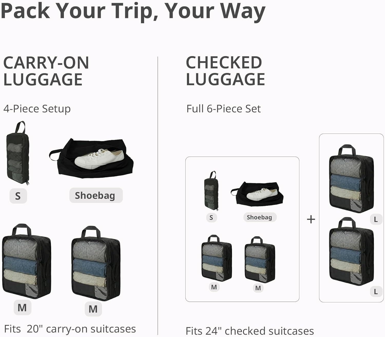 6-Pack Travel Compression Packing Cubes Set for Luggage & Suitcase – Includes S, M, L & Shoe Bag, Space-Saving Travel Organizer with Handle（Black）