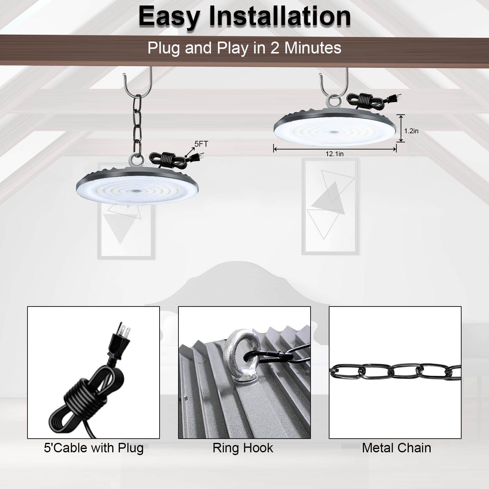Super Bright 150W UFO LED High Bay Light 21000lm 6500K Daylight High Bay Led Shop Lights with 5FT — view 7