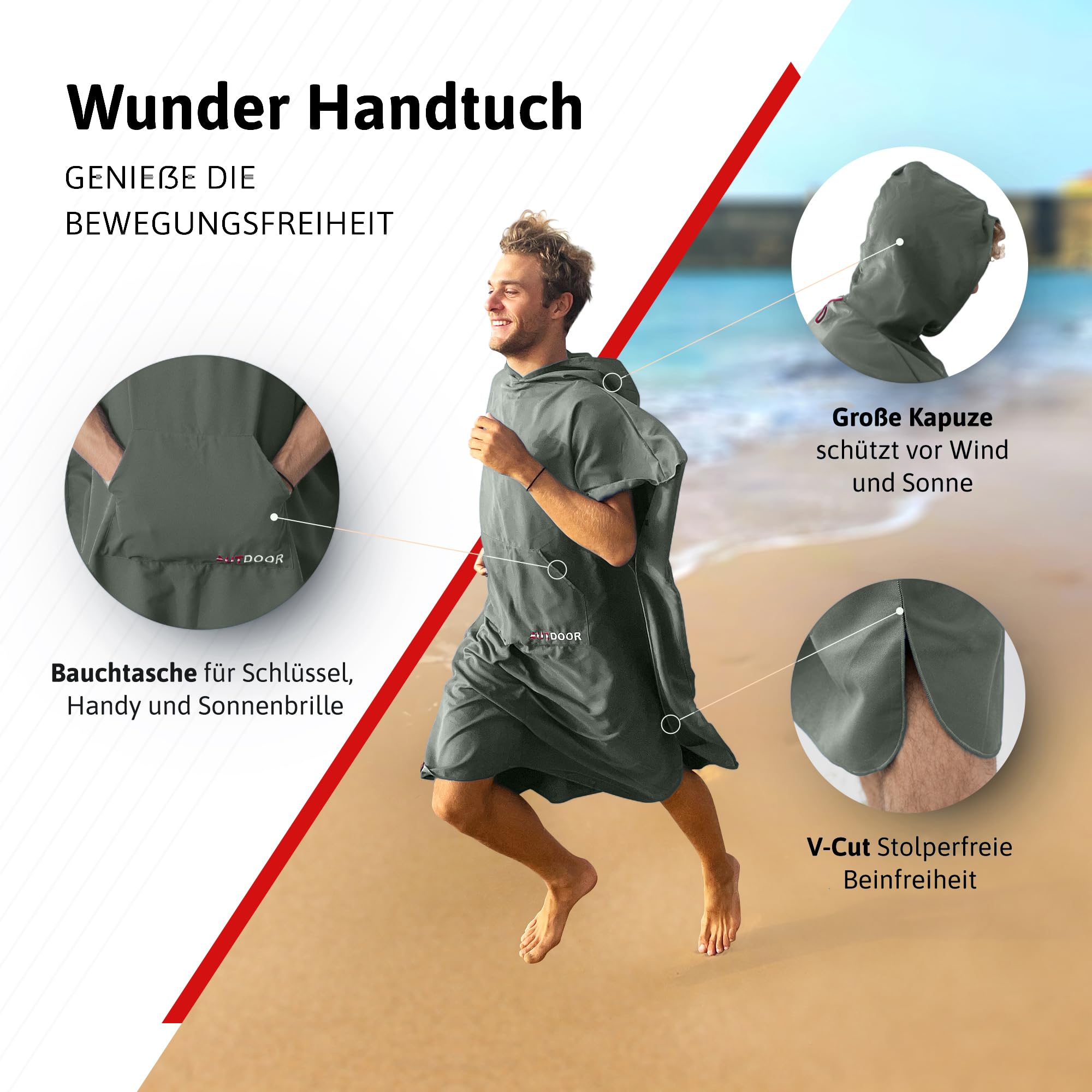 AUTDOOR® Mikrofaser Badeponcho Damen & Herren - nachhaltig aus 100% recycelten PET-Flaschen - Handtuch als Umziehhilfe für Strand und Wassersport - schnelltrocknend & kompakt (Grün, Large)