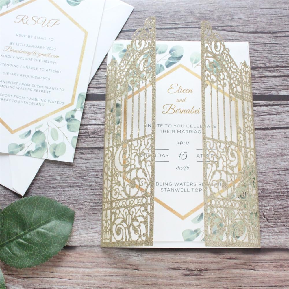 MillaSaw Partecipazioni matrimonio d'oro scintillante Gate Laser Design Per Matrimoni Fidanzamento Sirena 25 Set (oro glitterato)