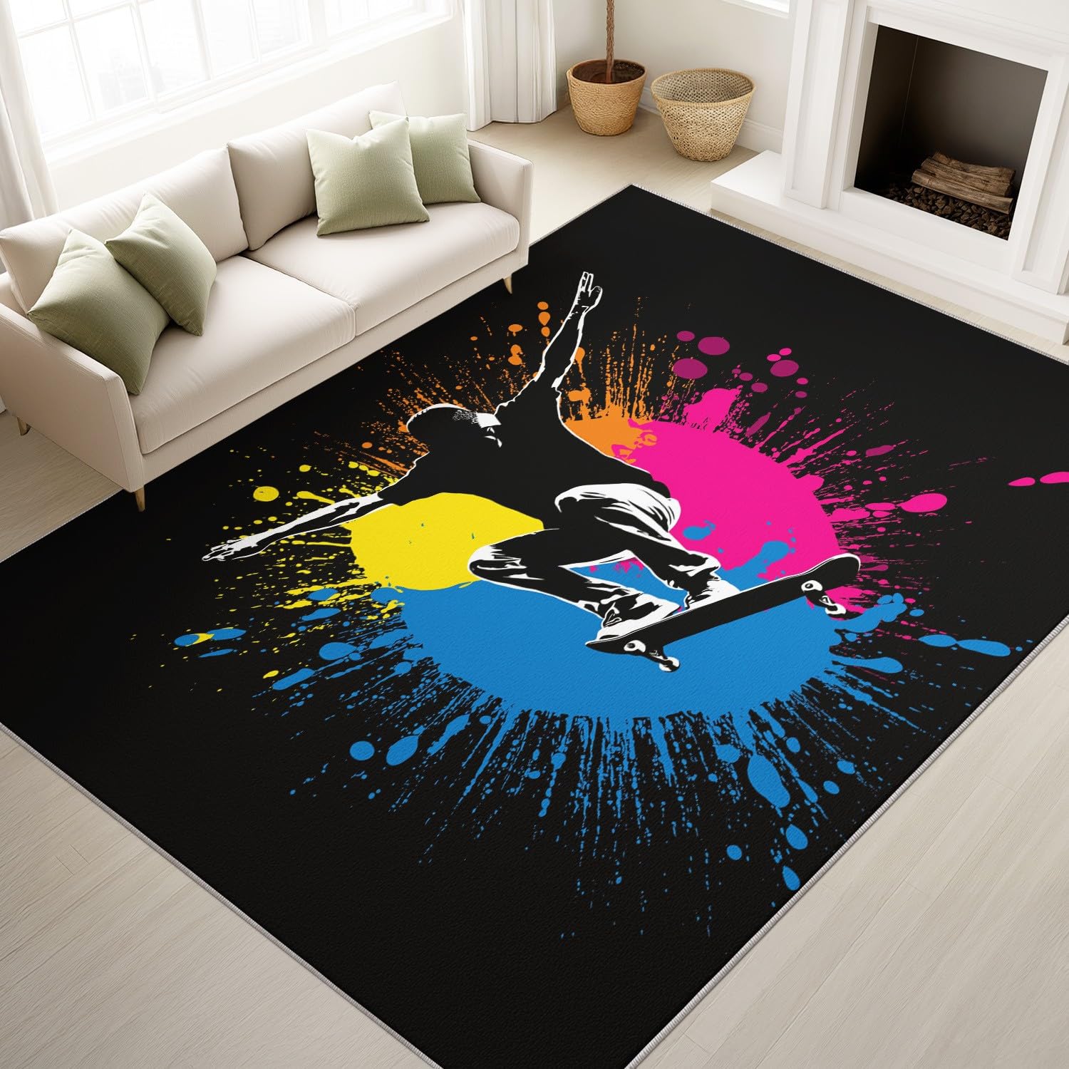 Wnętrze Dywan 40 x 60 cm do salonu, abstrakcyjny efekt rozpryskiwania atramentu dynamiczny miejski pop sylwetka deskorolka miękka antypoślizgowa miękka flanelowa mata podłogowa do sypialni, dekoracja