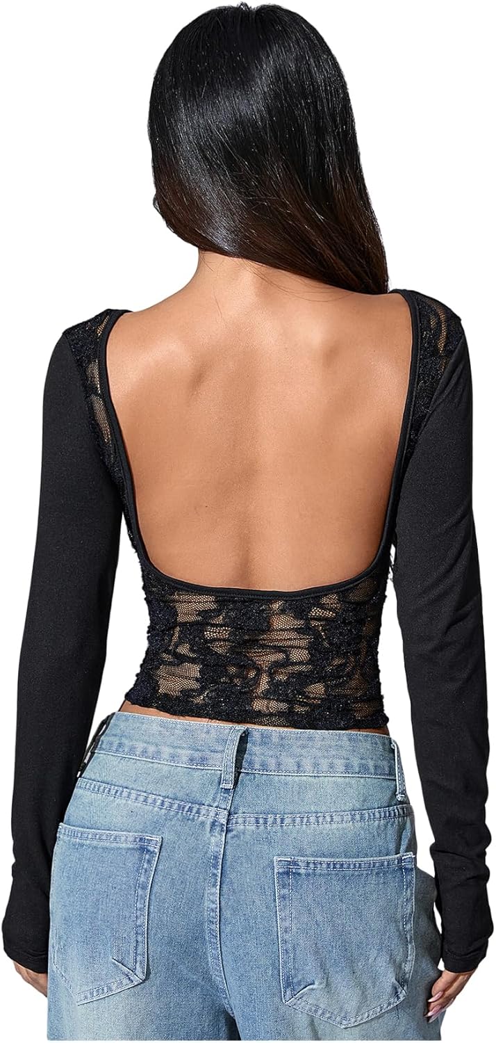 SOLY HUX Women's Lace Sheer Backless Top Y2k Long Sleeve Open Back T Shirt Going Out Tees Streetwear