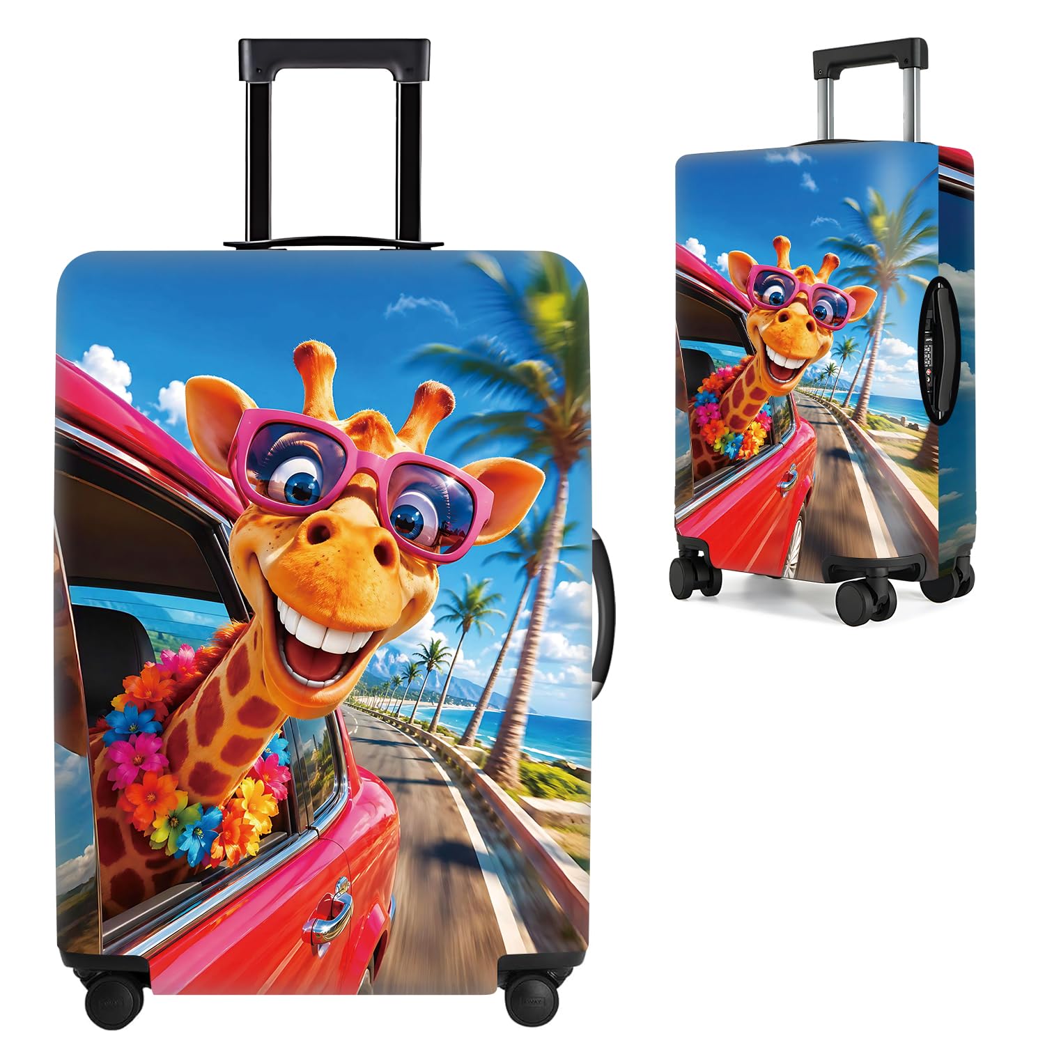Funny Giraffe Road Trip Luggage Cover Protective Suitcase Protector, Summer Beach Palm Tree Elastic Washable Travel Baggage Cover Fits 18-22 Inch Suitcase, Cool Animal Wearing Sunglasses Design,S