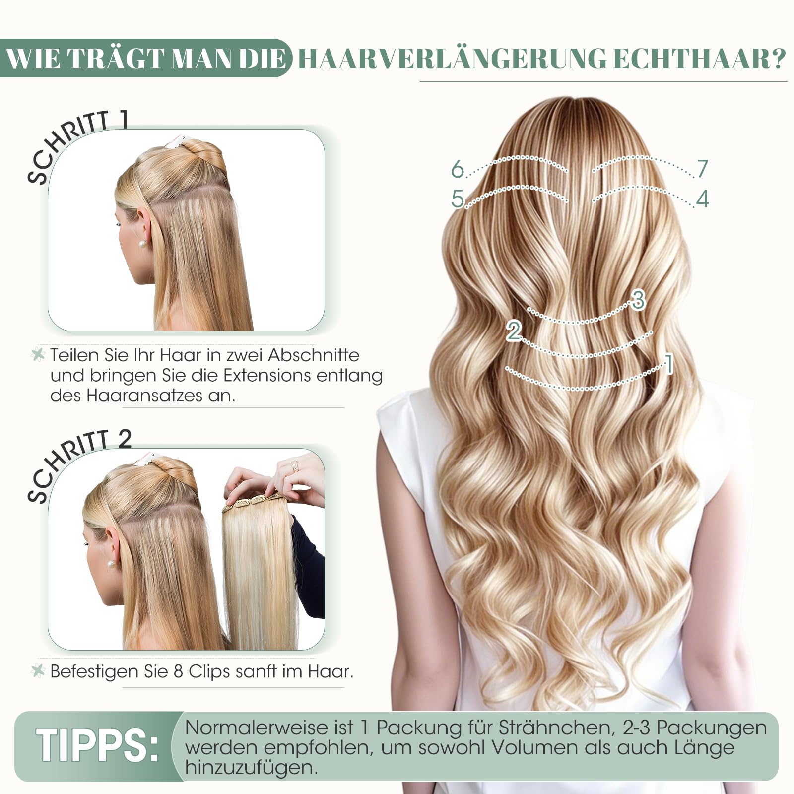 Rich Choices Clip in Extensions Echthaar 8 Stück Clip Extensions 50cm #4/27 Blonde Strähnen Unsichtbare Haarverlängerung Echthaar Clip ins Remy Seidig Gerade Natürlich - Dünne Tressen