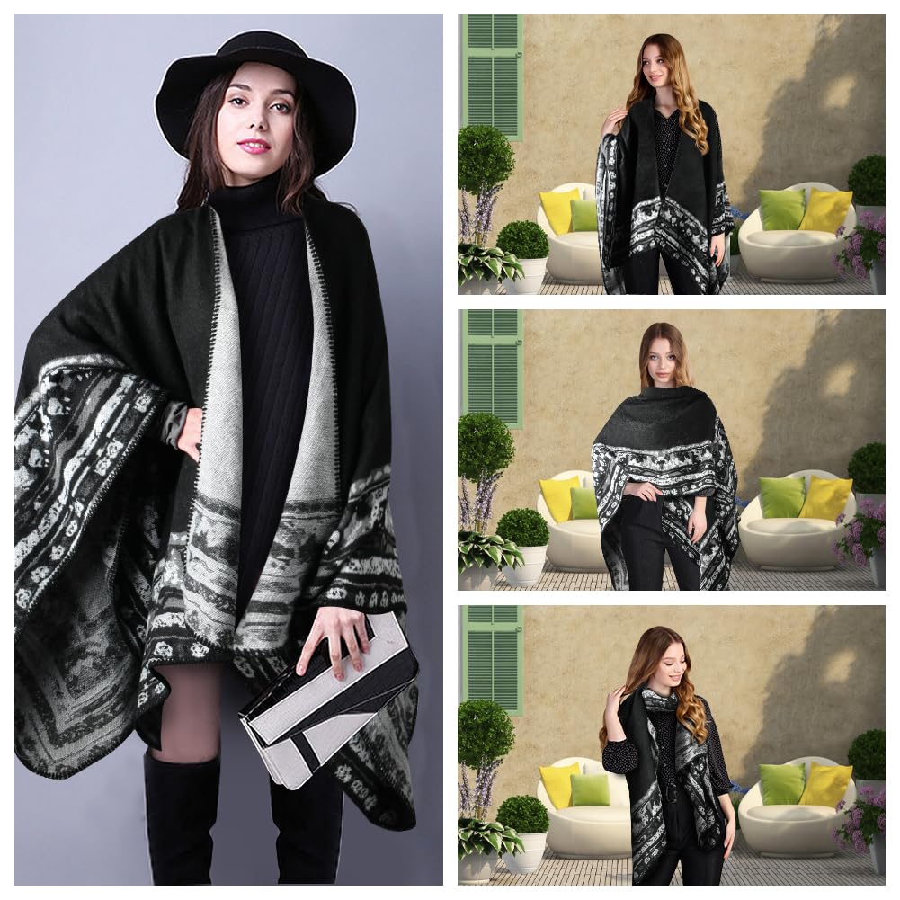 HOTUT Drapé Tricoté Poncho Cardigan, Poncho Mince Chaud, Poncho Ouvert Châle Cape, Femme Poncho Châle Ouvert Cape, Cardigan Echarpe Croisée Devant, pour Temps Froid