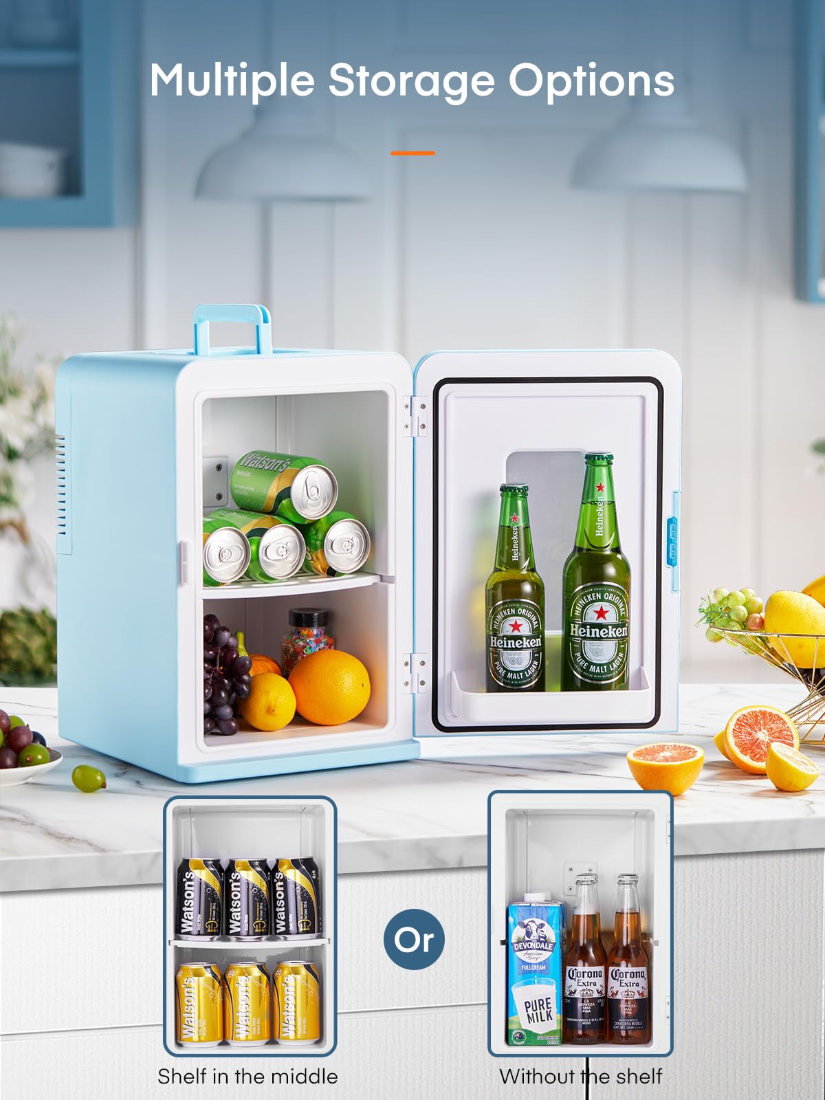 FOHERE Mini Frigo 2 in 1, Frigorifero Portatile da 15 Litri con Funzione di Raffreddamento e Riscaldamento, 12V DC/220V AC per Auto, Uffici e Camere da Letto (Blu)