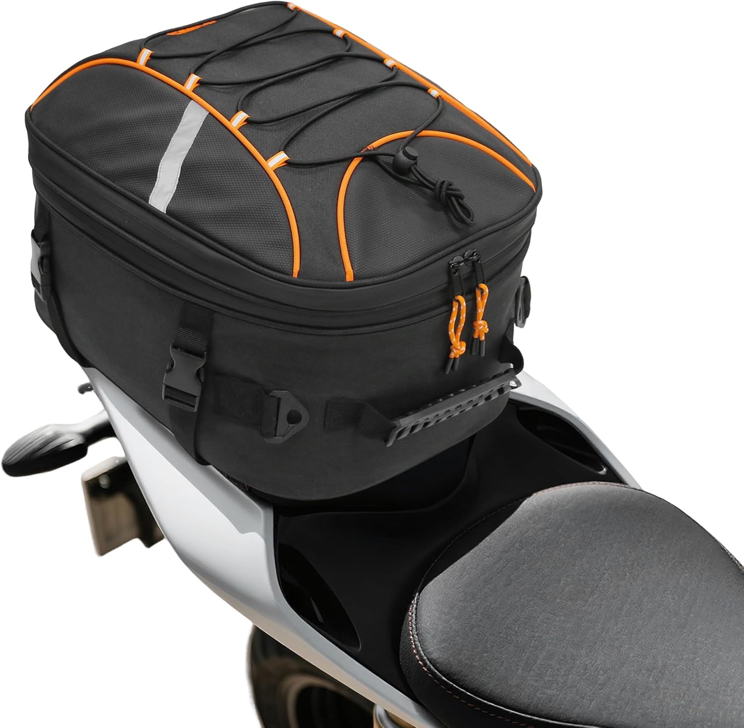 Motorcycle Tail Bag, 22L-34L Expandable Motorbike Rear Seat Bag with Rain Cover & Reflective Strips, Universal Fit for Most Motorcycles – Black