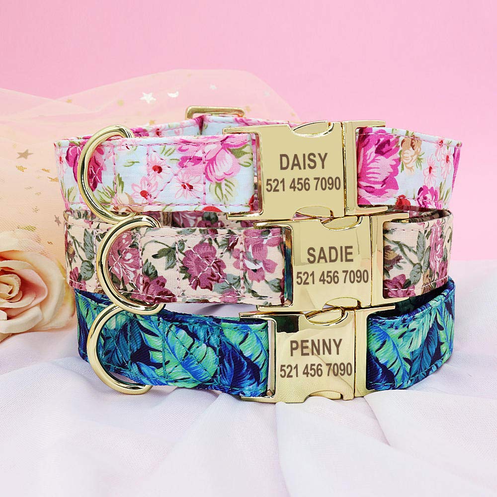 Conjunto de correa de cuello de perro impresa personalizada Correa de collar de mascota de nailon personalizada Placa de identificación grabada para perros pequeños medianos grandes-Pink_Set_