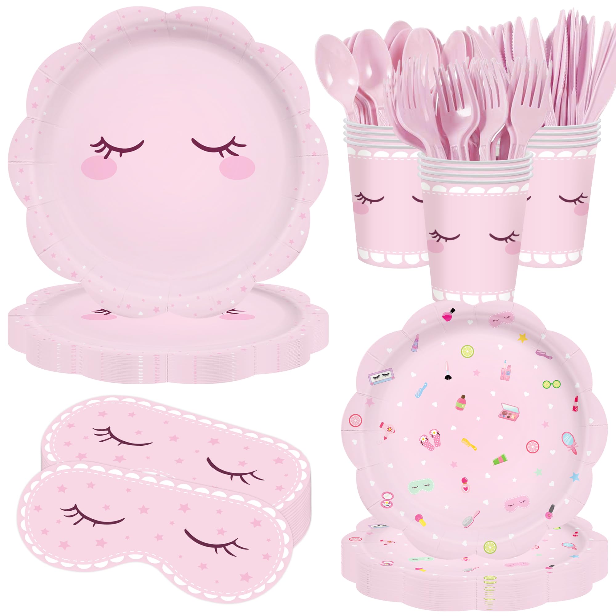 View 1 of 140Pcs Spa Party Supplies for Girls Pink Sleepover Party Decorations Slumber Spa Pajama Dinnerware Plates Napkins Forks Cups Set Makeup Birthday Decor Serve 20 Guests