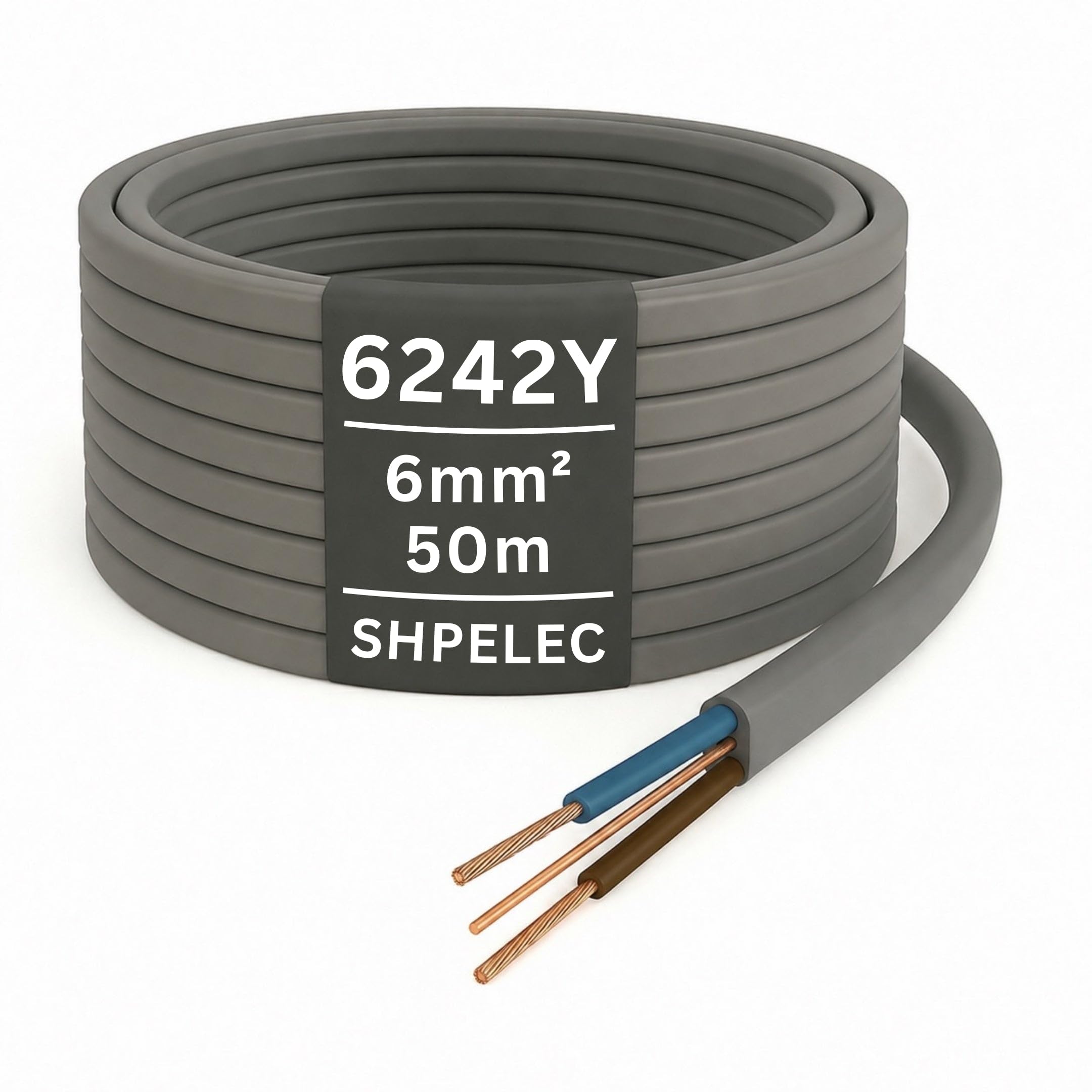 SHPELEC® BASEC Approved 1.0mm, 1.5mm, 2.5mm Electrical Grey Twin and Earth 6242Y Cable - Lighting LED Twin and Earth 6242Y Cable - All Lengths (2m, 3m, 4m, 5m, 10m, 15m & 20m) (6 mm², 50 m)