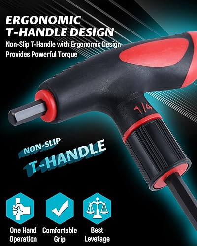 Vista 3 de Lichamp Juego de llaves Allen con mango en T SAE Metric, 16 piezas estándar largo mango en T Allen juego de llaves hexagonales SAE métricas