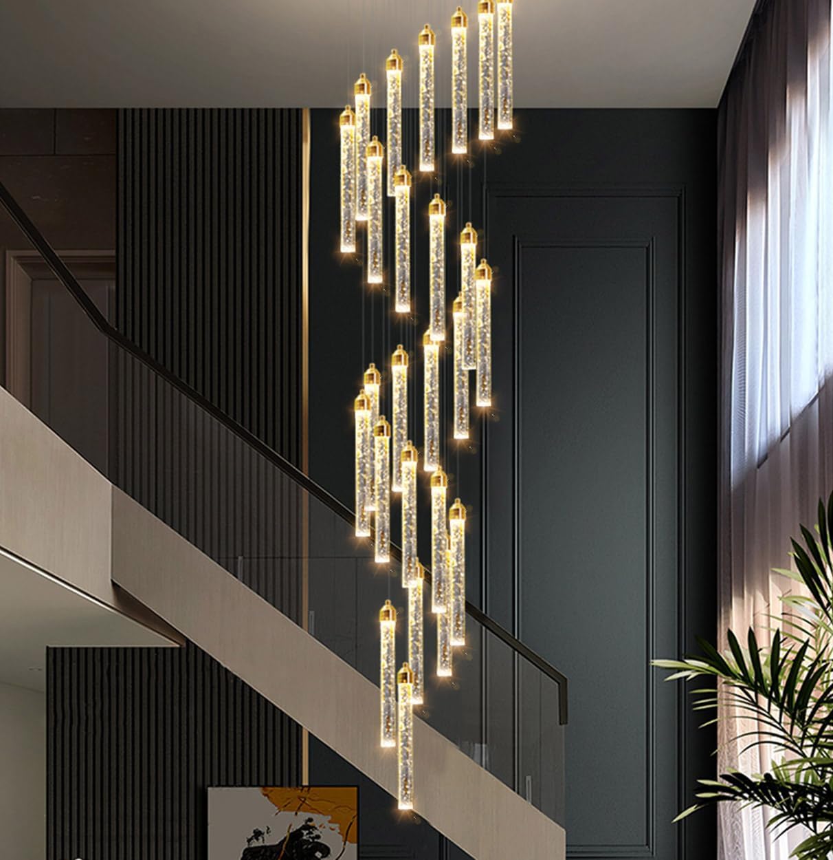 Kaixunl Gold 156In Long Light 20-Lights Chandeliers For Entryway Led Dimmable Chandeliers Lighting Fixture Modern Flat Sloped High Ceiling Pendant Lights Crystal Drop Light For Living Room Foyer Hallway Staircase