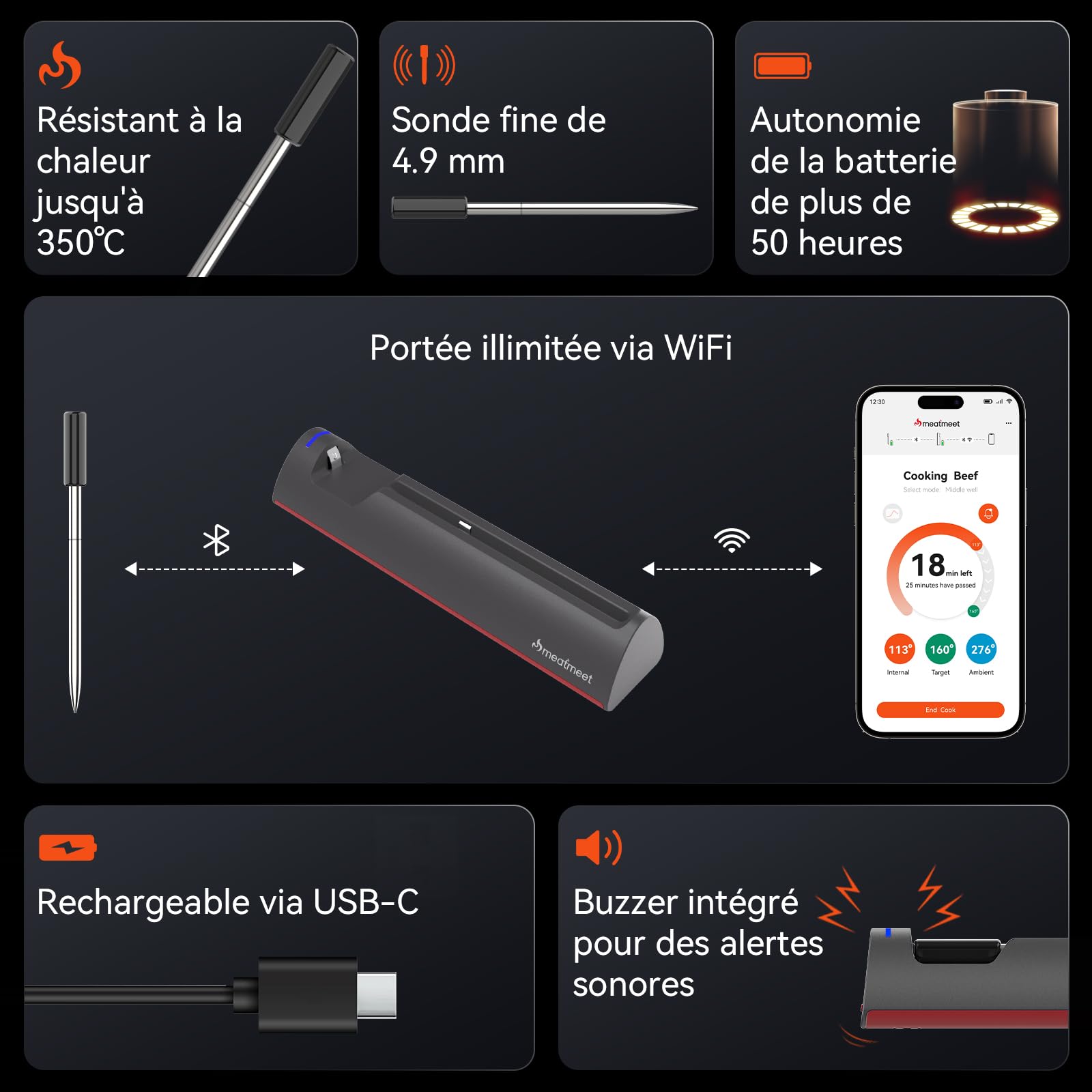 Thermomètre à viande Wi-Fi | Sonde sans fil longue portée pour four, gril, friteuse à air, barbecue | Capteurs doubles | Étanchéité IP67