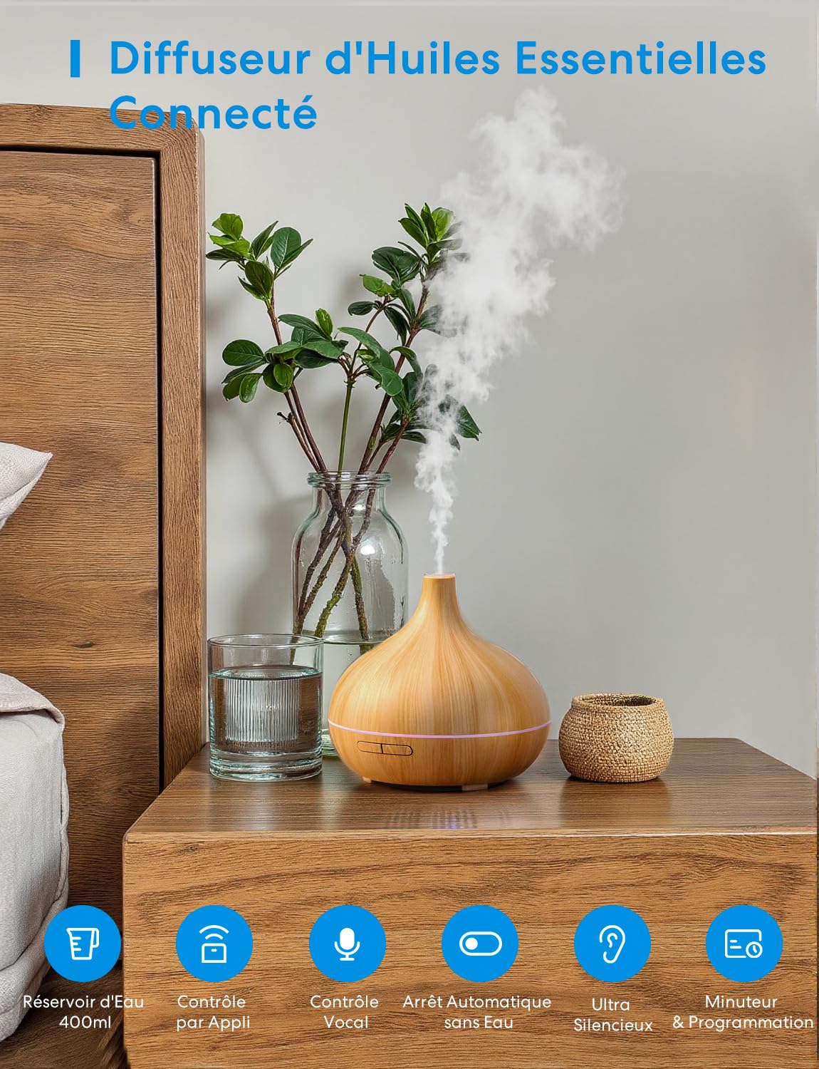 Meross Diffuseur d'Huiles Essentielles Connecté, Diffuseur d'Arôme WiFi Ultrasonique Compatible avec HomeKit, Alexa et Google Home, sans BPA avec RGB LED, Commande Vocale et Contrôle à Distance