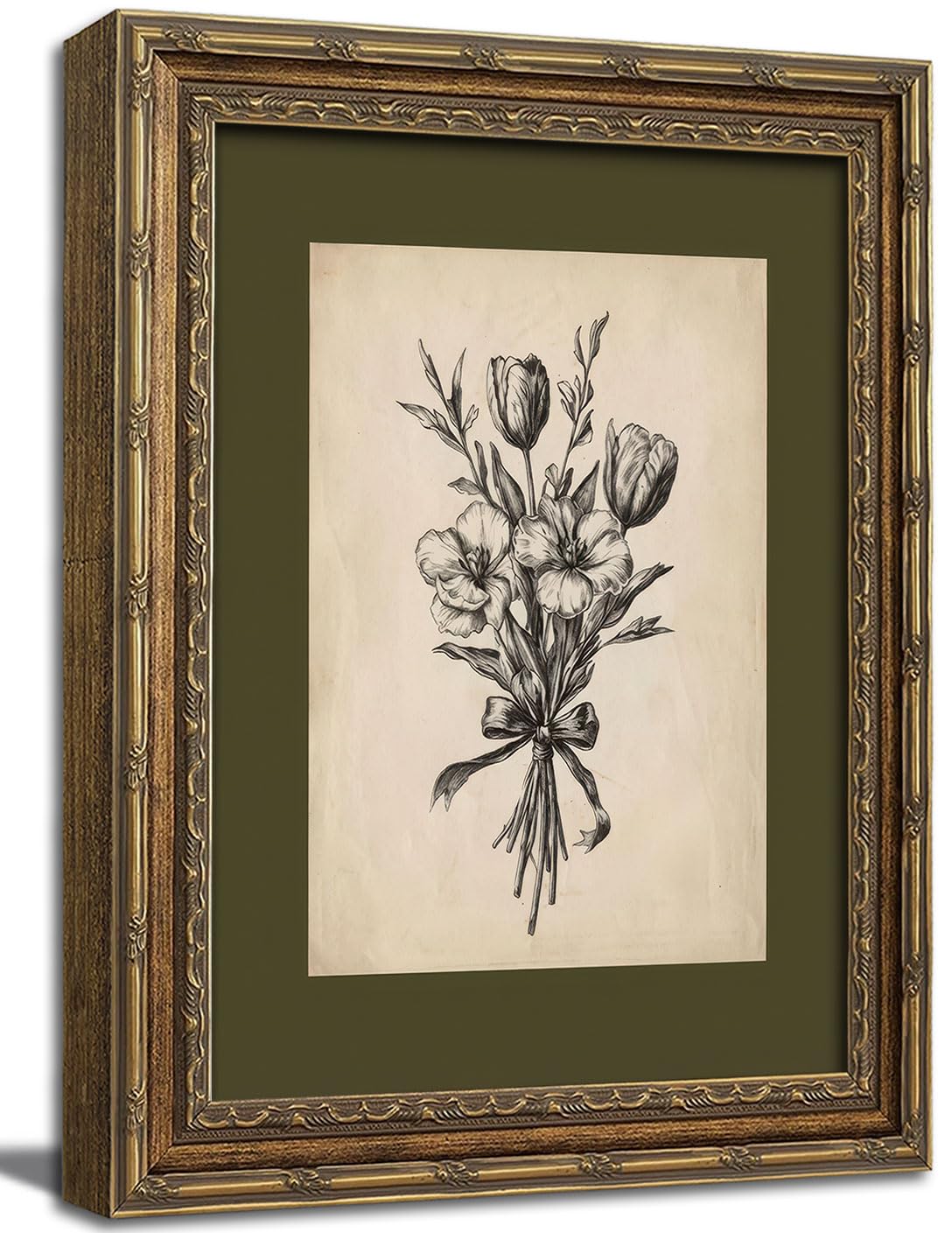 Photo 1 of ** Stock Pick for Reference** Gold Framed Wall Art Vintage Flower Sketch Wall Art Antique Sage Green Botanical Wall Decor Picture Dark Green Floral Drawing Poster Print for Bedroom Living Room 9x11in