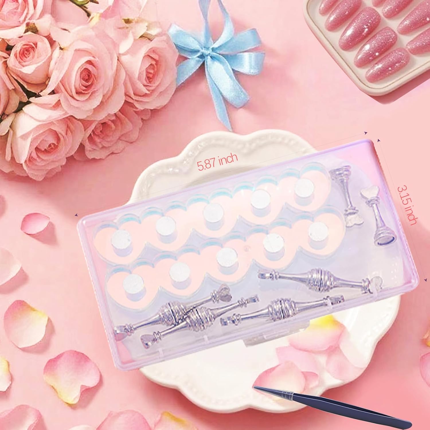 2 Sets Nail Stand, Elegant Aurora Heart Nail Holder for Painting | 100 Pieces Double Sided Tape, 1 Pair of Tweezers, Ideal for Nail Art Salons, Home Use, Gifts
