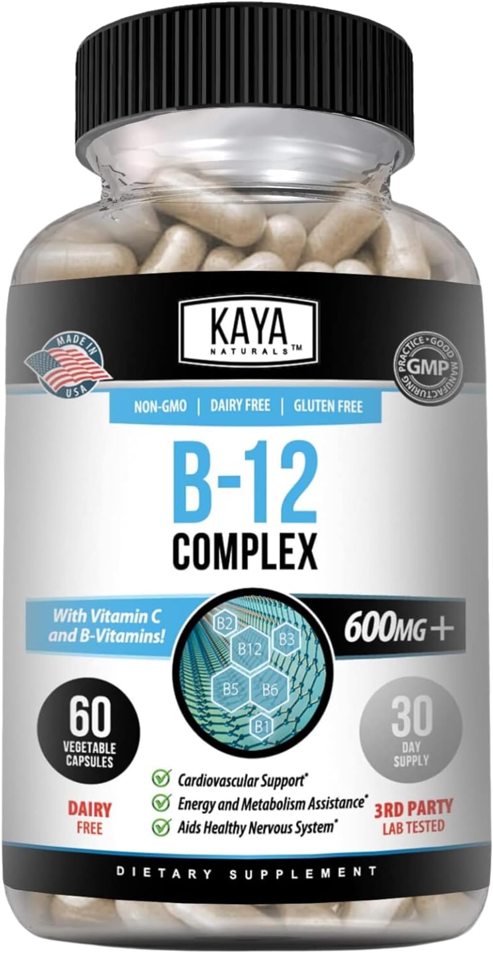 Kaya Naturals B-12 Complex | Multivitamin Supplement for Women & Men | Energy and Metabolism Booster | Vitamin Supplement with Biotin, Choline, Inositol, Folate, and Vitamin C – 60 Count