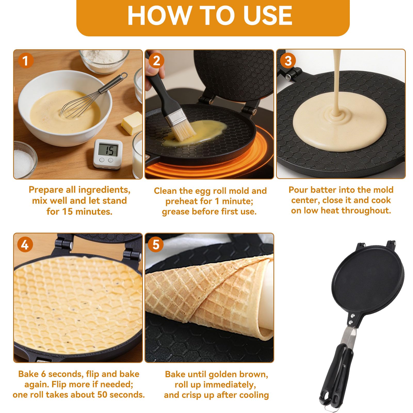 Waffle Cone Maker, Aleación de Aluminio Egg Roll Ice Cream Cone Maker Waffle Irons Baking Pan Non Stick Waffle Irons Mold Pan Non-stick Egg Roll Maker for Kitchen
