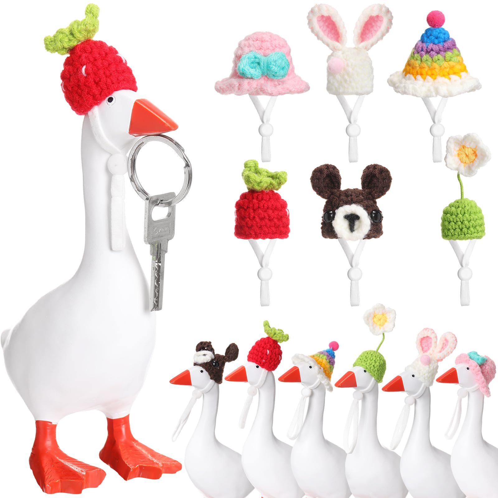 Geyoga 6 Pcs 7 Inch Desk Goose Outfits Mini Knitted Hats with Adjustable Strap Porch Goose Statue Headwear(Bunny)